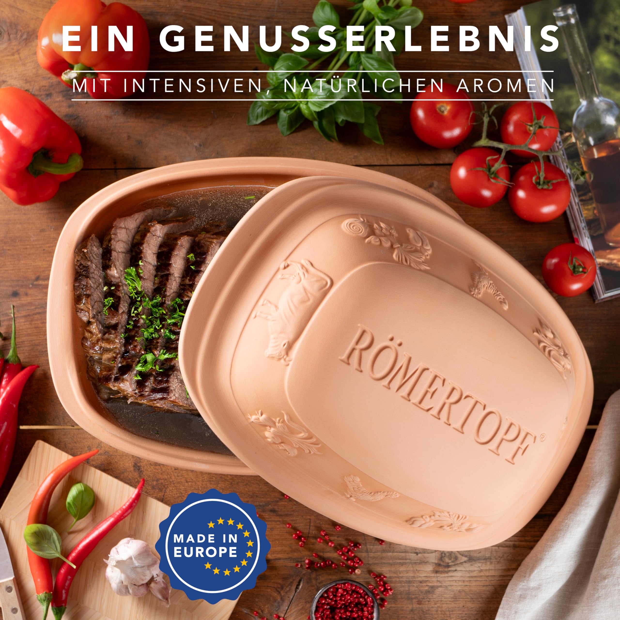 Römertopf Rustico Cocotte en terre cuite naturelle 5 L pour 6 personnes, cuisson à l'étouffée saine, plat à rôtir, terracotta