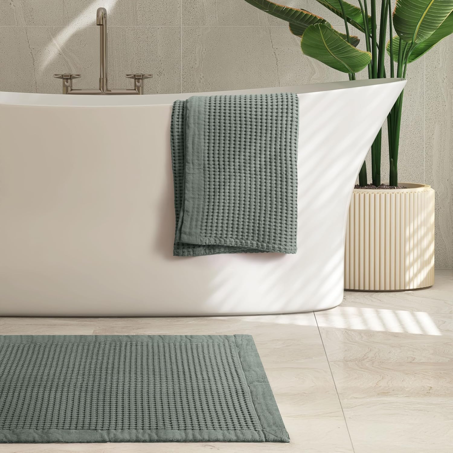 GILDEN TREE Modern Bath Towel Set of 2 (Sage Grey) + Waffle Bath Mat (Sage Grey) Bundle