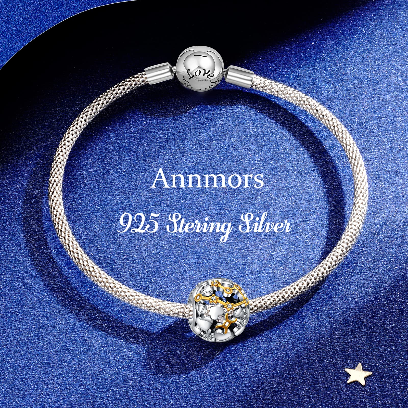 Annmors Charms Signes du Zodiaque Breloque Femme 925 Perles Argent Sterling Zircone Compatible Européen Bracelets Collier