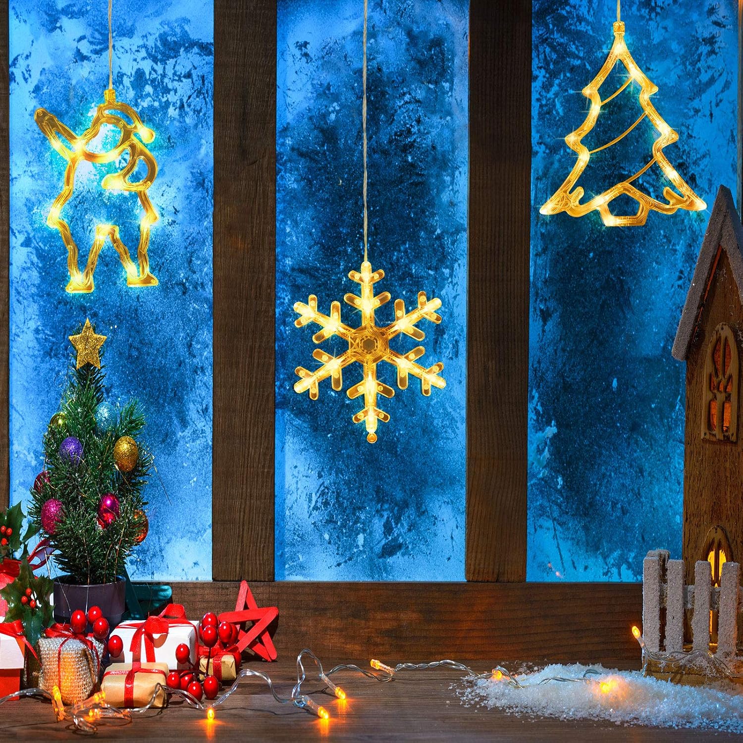 3 Pack Christmas Indoor Window Light Decoration, Backdrop String Lights for Outdoor Indoor Home Bedroom Wedding Party Holiday Wall, 1 Christmas Tree, 1 Santa Claus, 1 Snowflake, Warm White