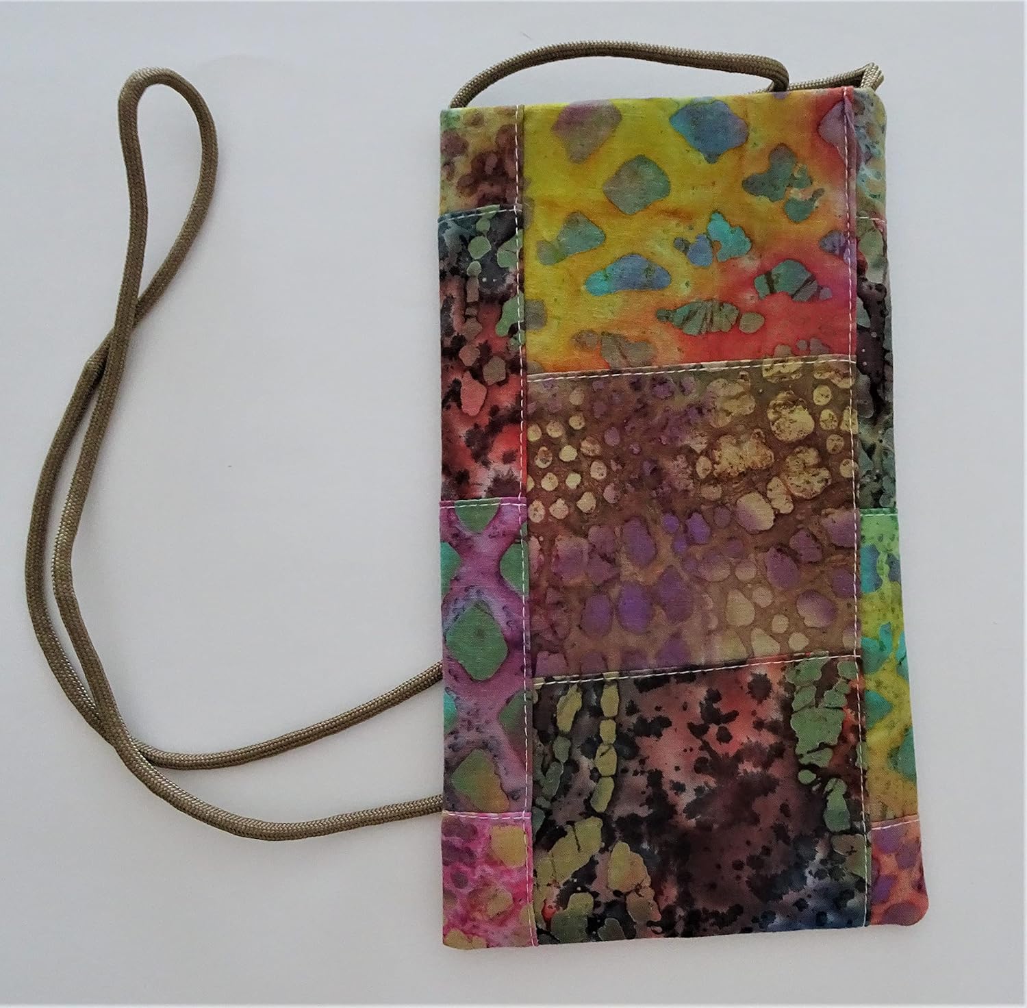 Batik Patchwork Fabric Cell Phone Pouch, Strapped Minimal Boho Purse for Essentials