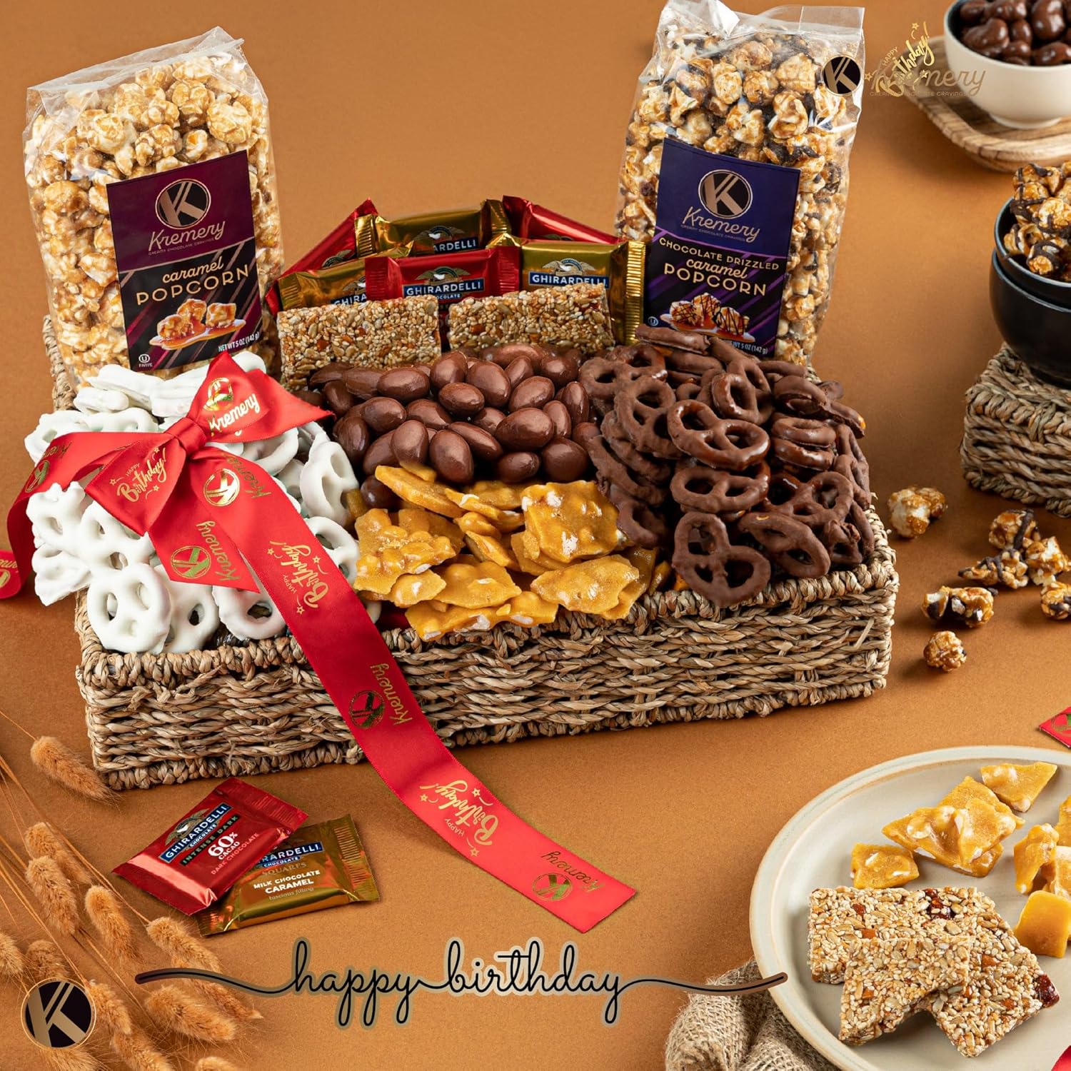 KREMERY Creamy Chocolate Cravings Birthday Gift Basket - Chocolate Covered Pretzels, Nuts, Candy & Caramel Popcorn (Deluxe, 3.5 lbs) Sweet Treats in Seagrass Tray + Ribbon & Greeting Card, Kosher