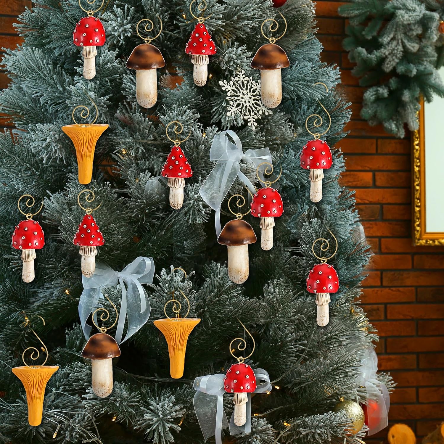 RattanView 12 Pcs Mushroom Christmas Ornaments with Hooks and Gift Box Vintage Resin Mushroom Hanging Ornaments for Xmas Tree Party Decorations(Novel Style)