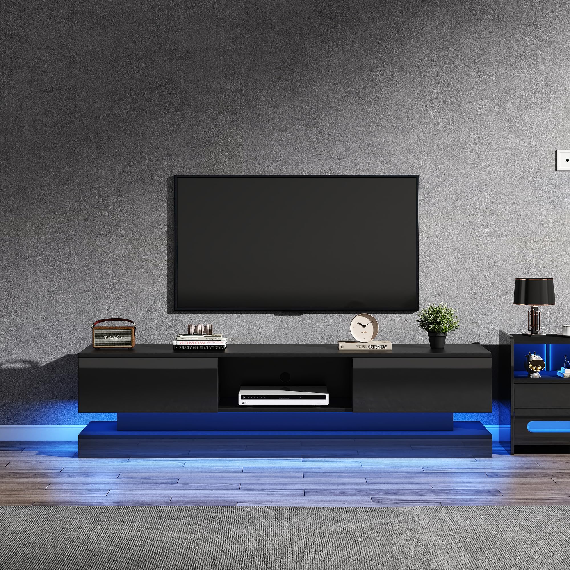 Mobile TV lucido con illuminazione a LED porta TV 2 cassetti controllo app design antiribaltamento credenza bassa per TV fino a 60 pollici mobile TV per soggiorno pannello TV nero 160 cm