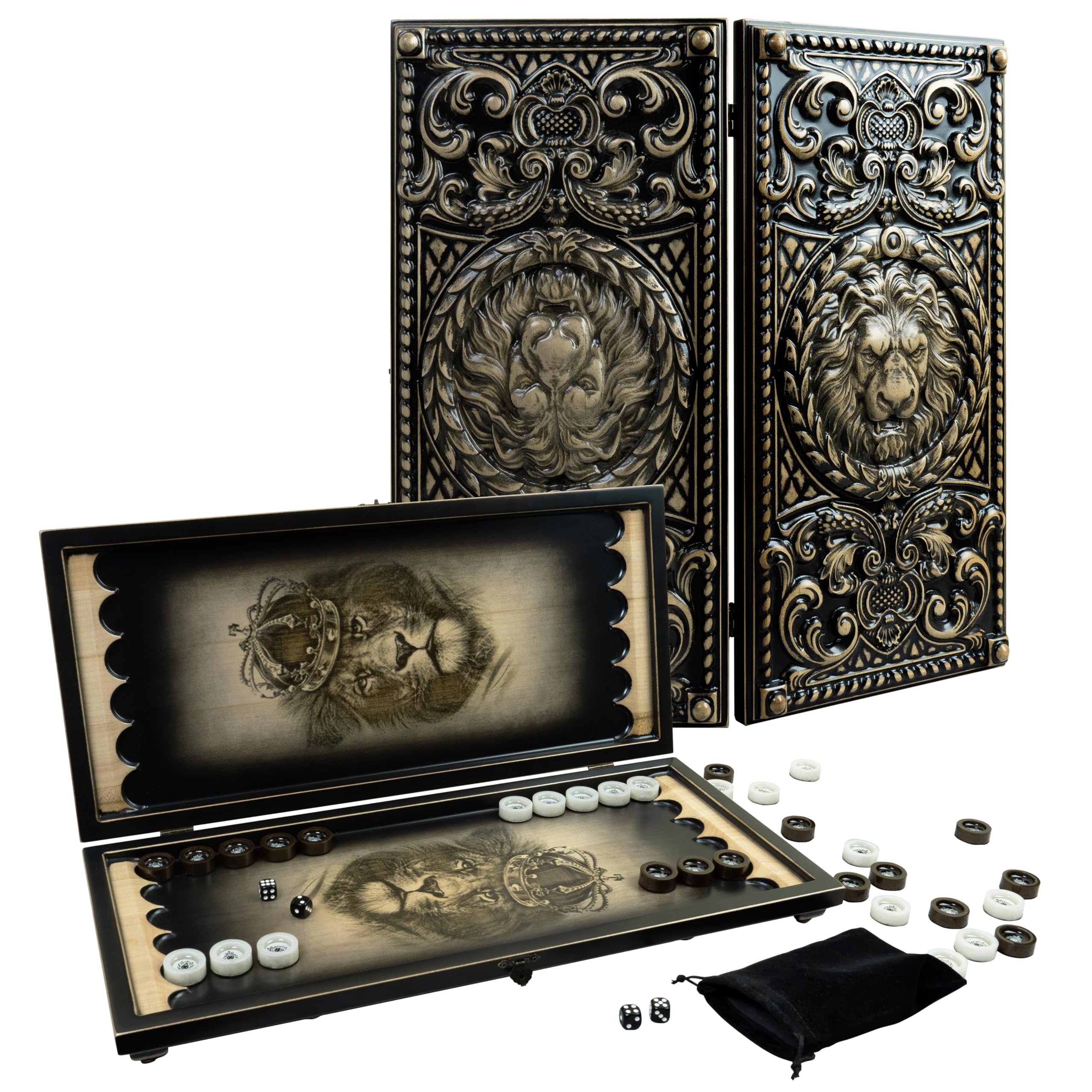 Premium Backgammon drewniany z wzorem lwa i kamieniami do zabawy z żywicy epoksydowej, ręcznie wykonana gra w backgammon, wysokiej jakości walizka z drewna z kamieniami do zabawy