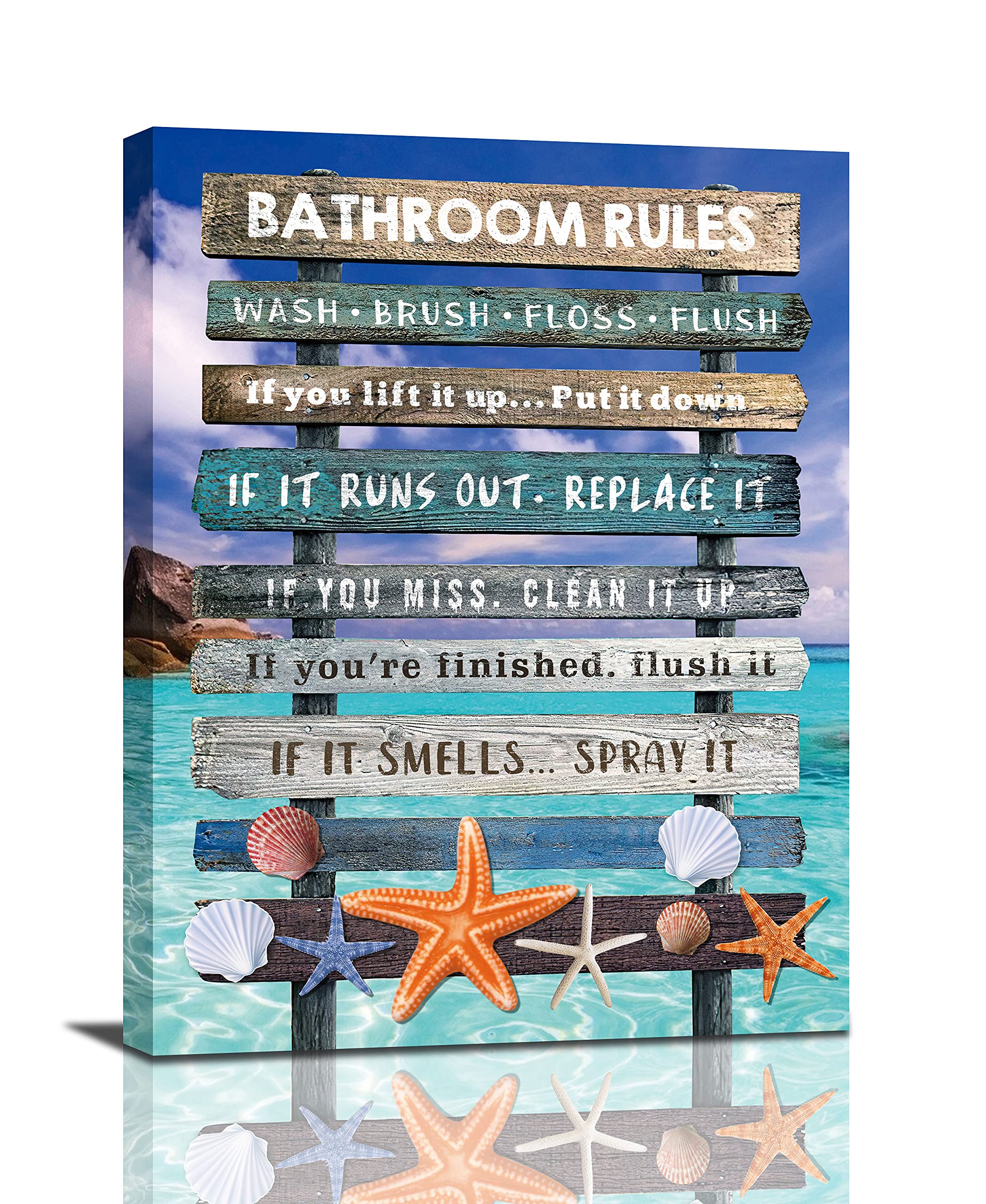 BPA Bathroom Rules Wall Decor Toilet Bathroom Canvas Wall Art Prints Signs Ocean Background Bathroom Pictures Artwork Framed bath Laundry Home Decor 12x16inch