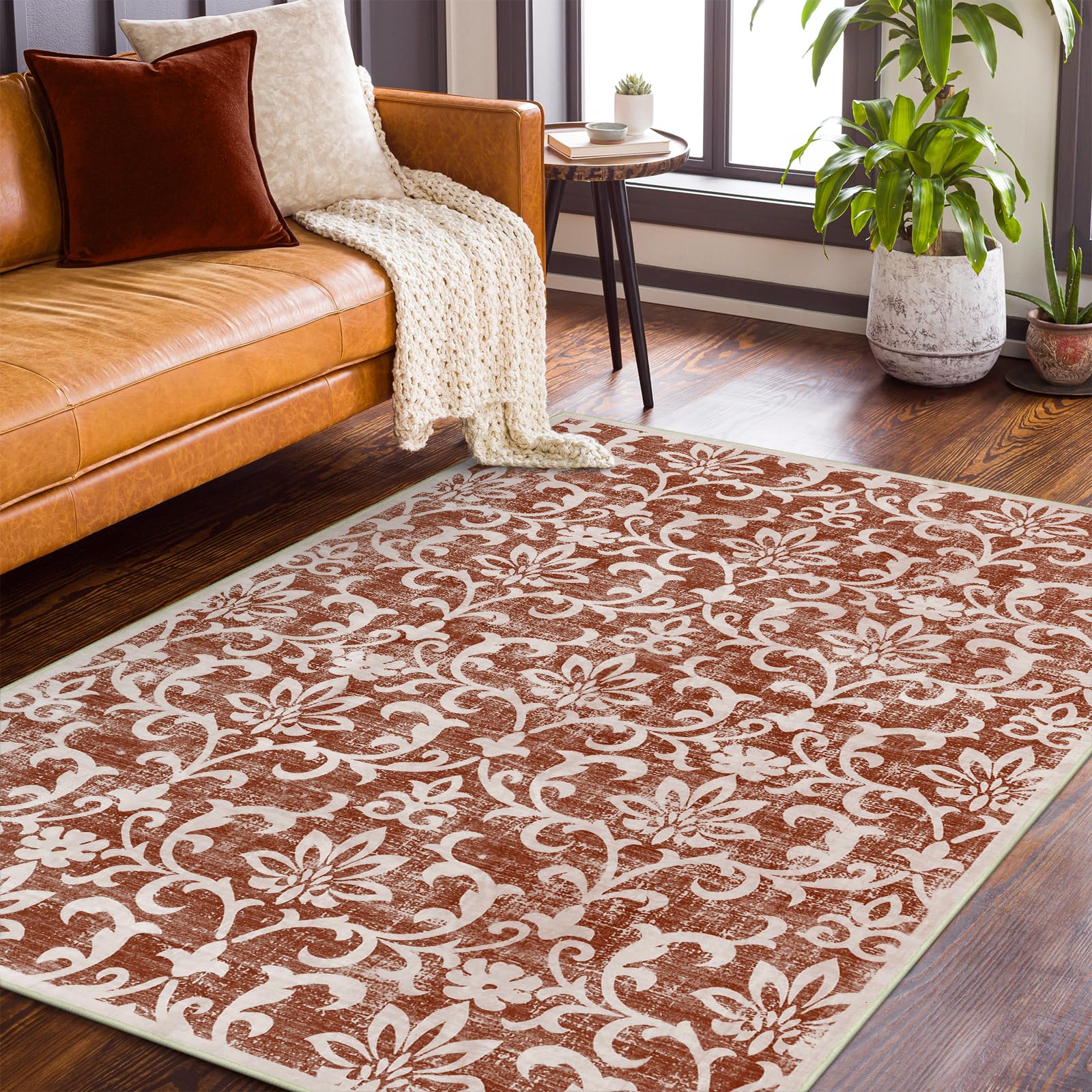 LukinboxVintage Floral Rugs for Living Room, 5x7 Washable Area Rug for Bedroom, Soft Low Pile Indoor Non-Shedding Accent Rugs for Nursery Playroom Dinning Room, Red Brown