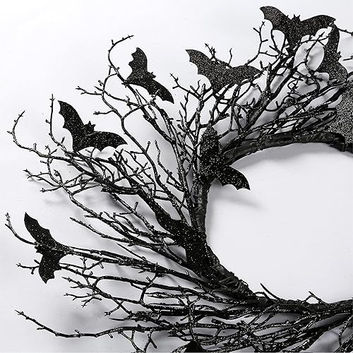 Miniatura 7 de Sggvecsy Corona de ramita negra artificial de 17.7 pulgadas con murciélagos con purpurina, decoraciones colgantes brillantes hechas a mano para