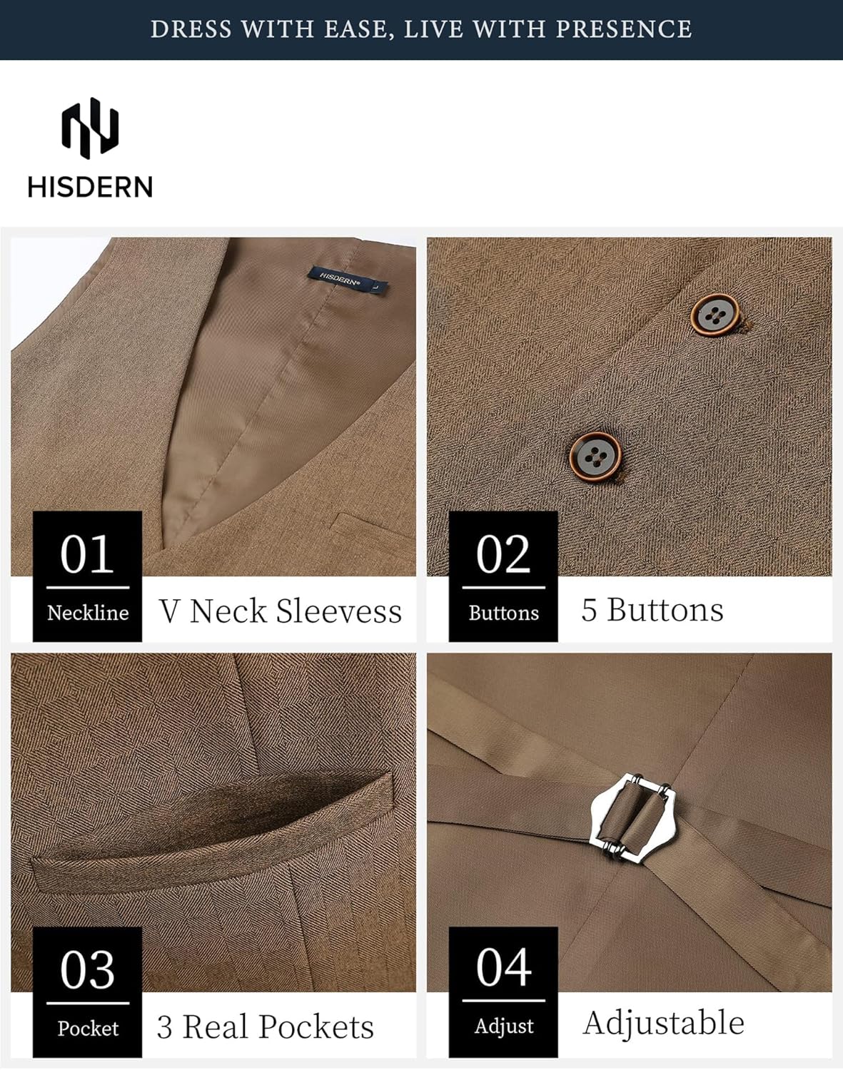 HISDERN Men's Suit Vest Business Suit Vests for Men Formal Slim Fit Solid Wedding Dress Waistcoat for V-Neck Tuxedo Vest - Image 3