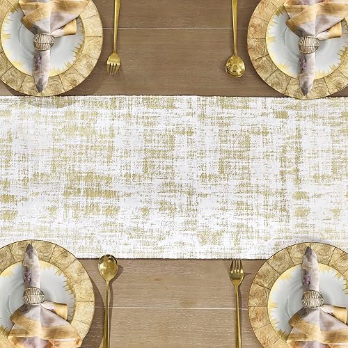 Miniatura 6 de Camino de mesa blanco y dorado para decoración de Navidad en interiores, decoración moderna y glamorosa de Navidad, camino de mesa de tela de
