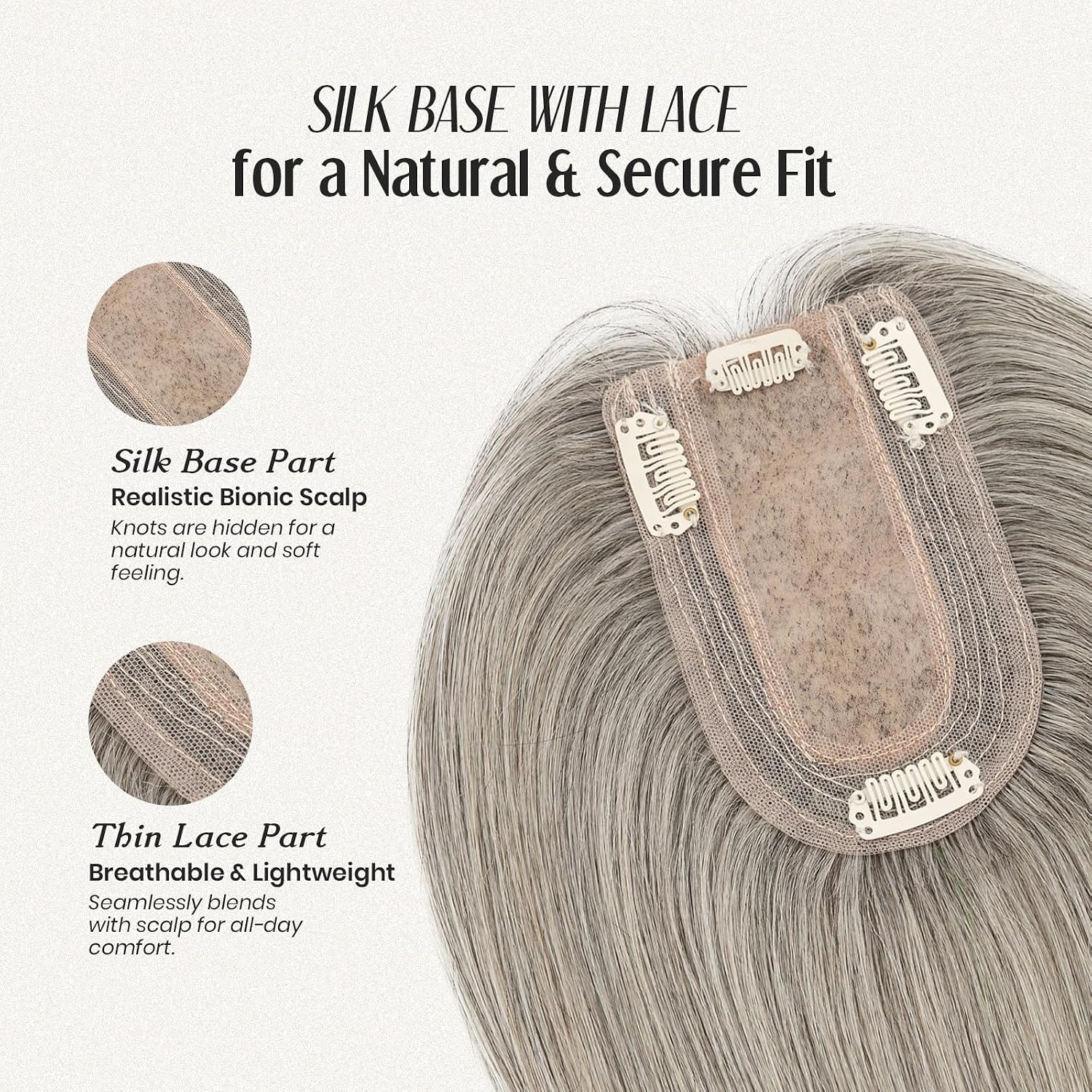 MY-LADY Human Hair Toppers for Women Real Human Hair Thin 7 * 13CM Silk Base with Lace Clip in Remy Hairpieces 150% Density 16 Inch White Blonde & Natural Black