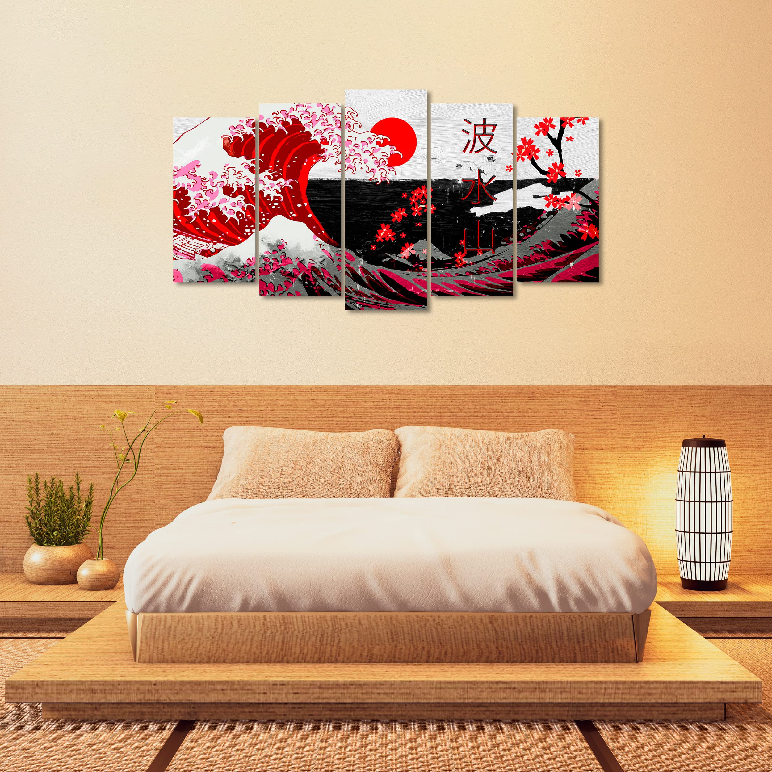 DekoArte - Cuadros Modernos Impresión Imagen Artística | 5 Piezas 150x80cm | Lienzo Decorativo Para Tu Salón o Dormitorio | Estilo Abstractos Arte La Gran Ola De Kanagawa Rojo