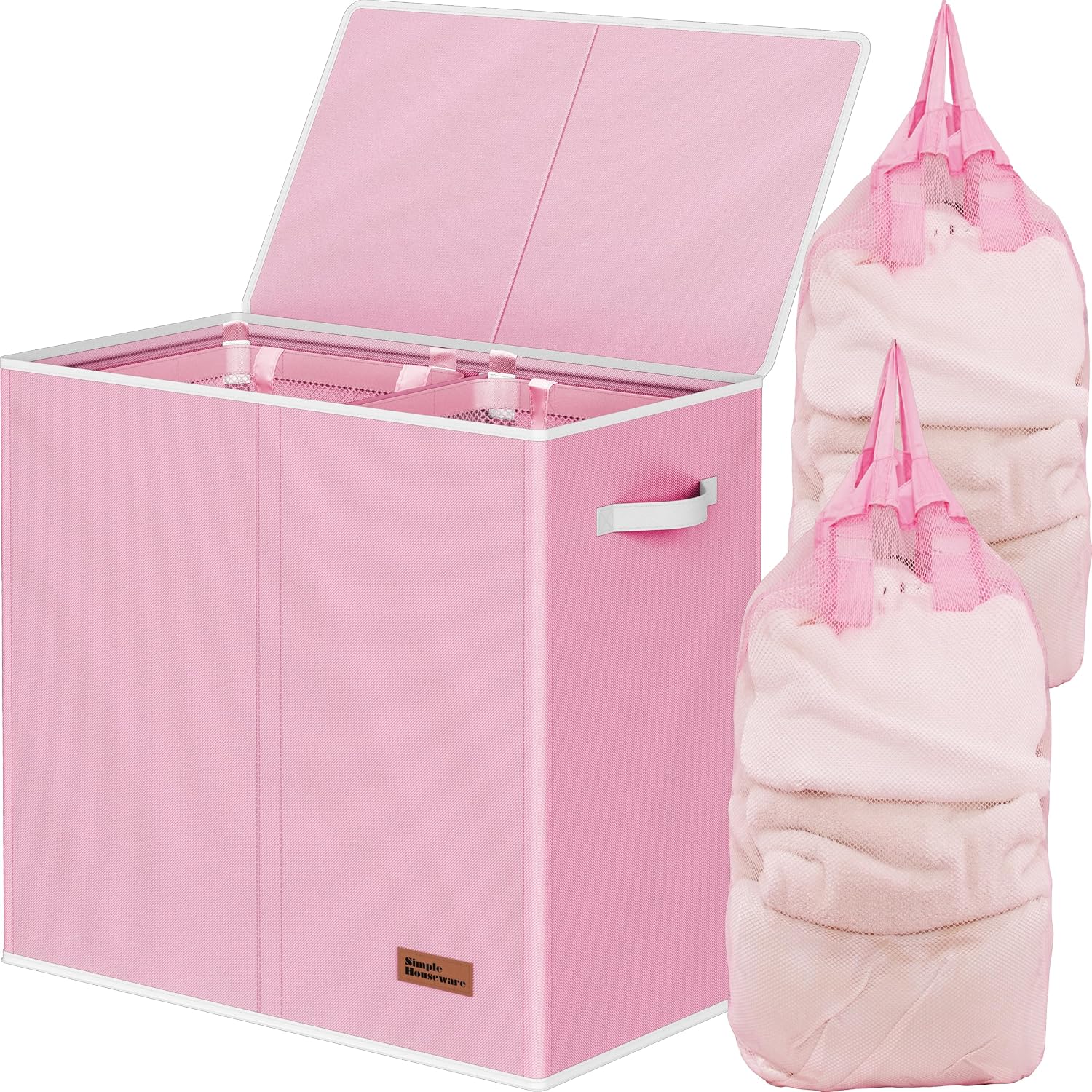 Simple Houseware Double Laundry Hamper with Lid & Removable Bags, Pink | 130L, Heavy Duty 600D Polyester, Water-Resistant Surface