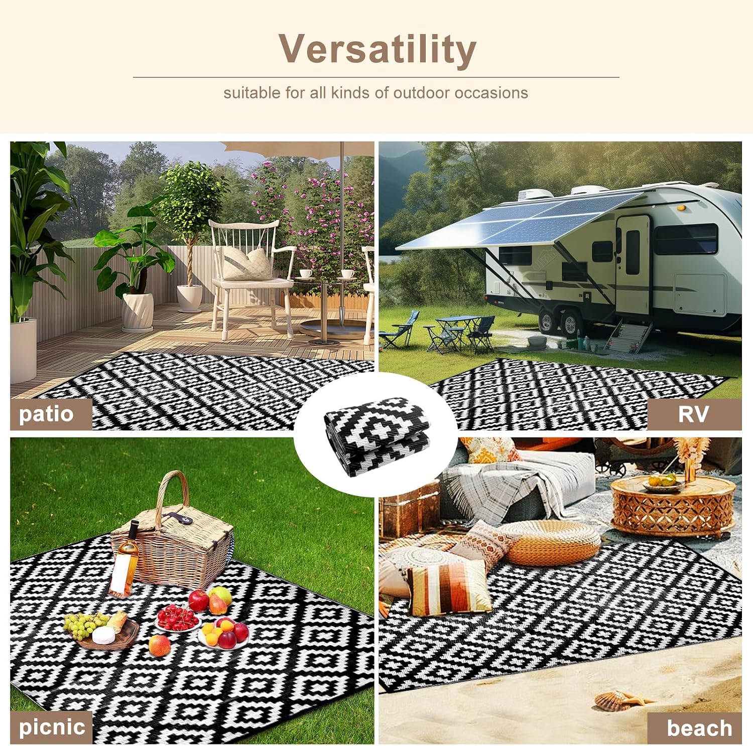 Outdoor Rugs for Patio, Waterproof Plastic Outdoor Rug, Square Outside Rug 5x8 ft, Geometric Area Rug, Outdoor Mat Carpet for Porch, Deck, Balcony, Picnic, Beach, Camper, RV, Black & White