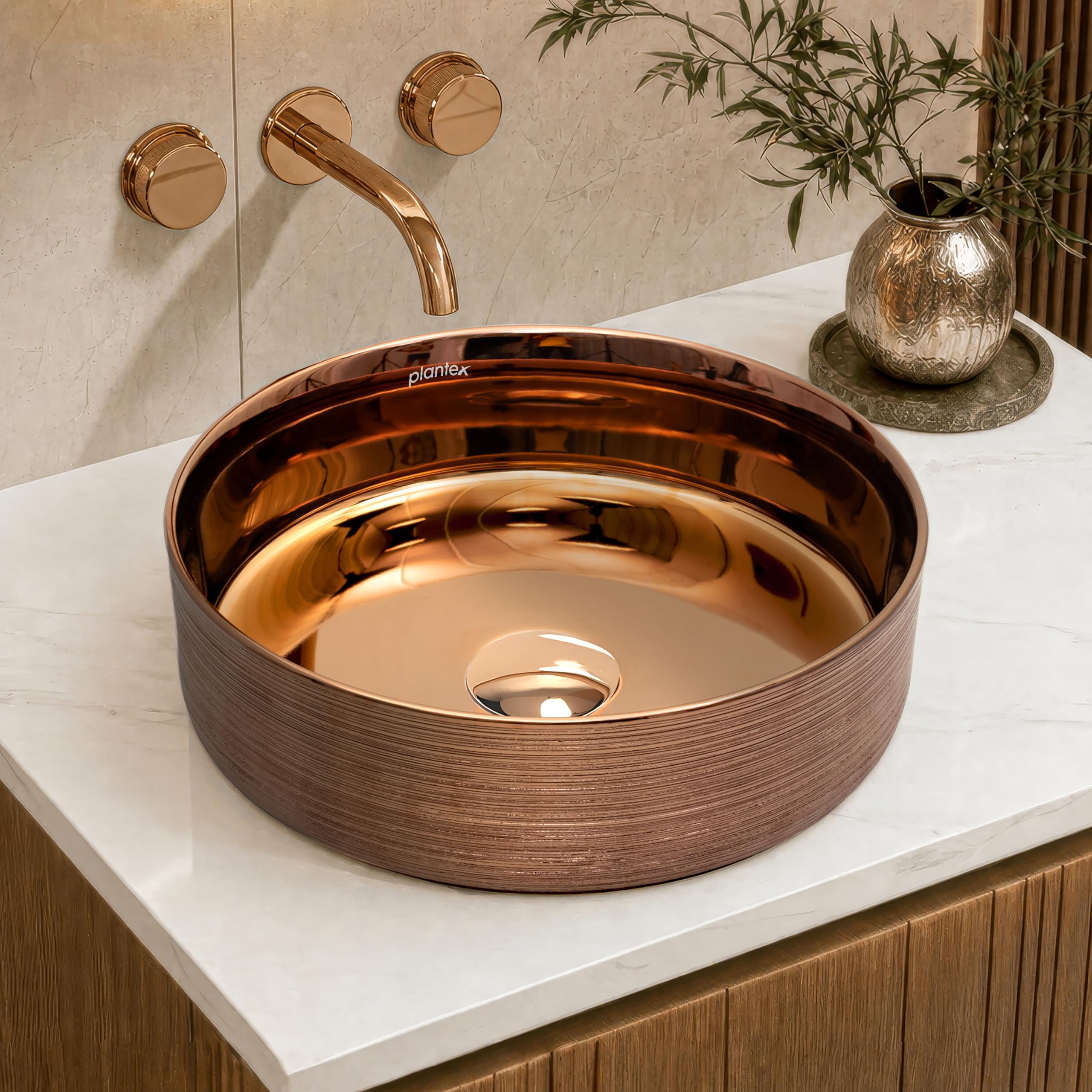 Plantex Ceramic Round Wash Basin/Designer Table Top Washbasin/Countertop Wash Basin for bathroom/Home/Office (Rose Gold-14x14x5 Inch)-image-34