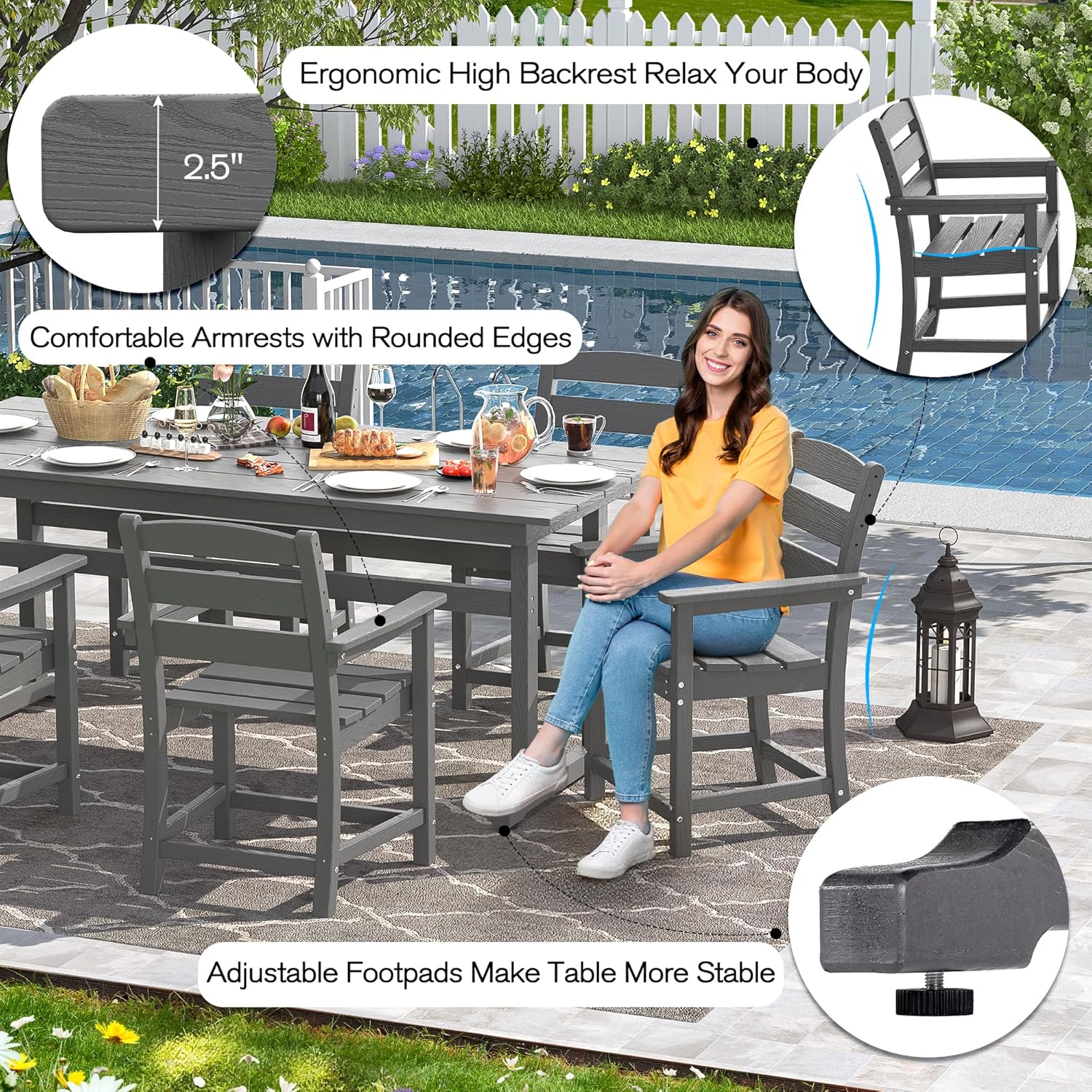 nalone 7-Piece Patio Dining Table Set, HDPE Outdoor Dining Sets with Table and 6 Chairs, Dining Furniture Set with Umbrella Hole (Grey, 7 Pcs)