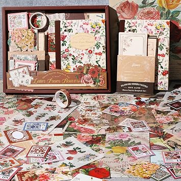 miikoul Scrapbooking Supplies Kit, Flowers Botanical Vintage Aesthetic Junk Journaling Stationery, A6 Grid Notebook Stickers Paper for Art DIY Crafts Planners Birthday Craft Gift for Teen Girl Women