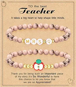 Teacher Appreciation Gifts for Women,Teacher Must Haves Initial Bracelet Mrs Miss End of Year Teacher Gifts Thank You for Helping Me Grow Music Math Science Teachers Bracelets Retirement 2 Set Jewelry