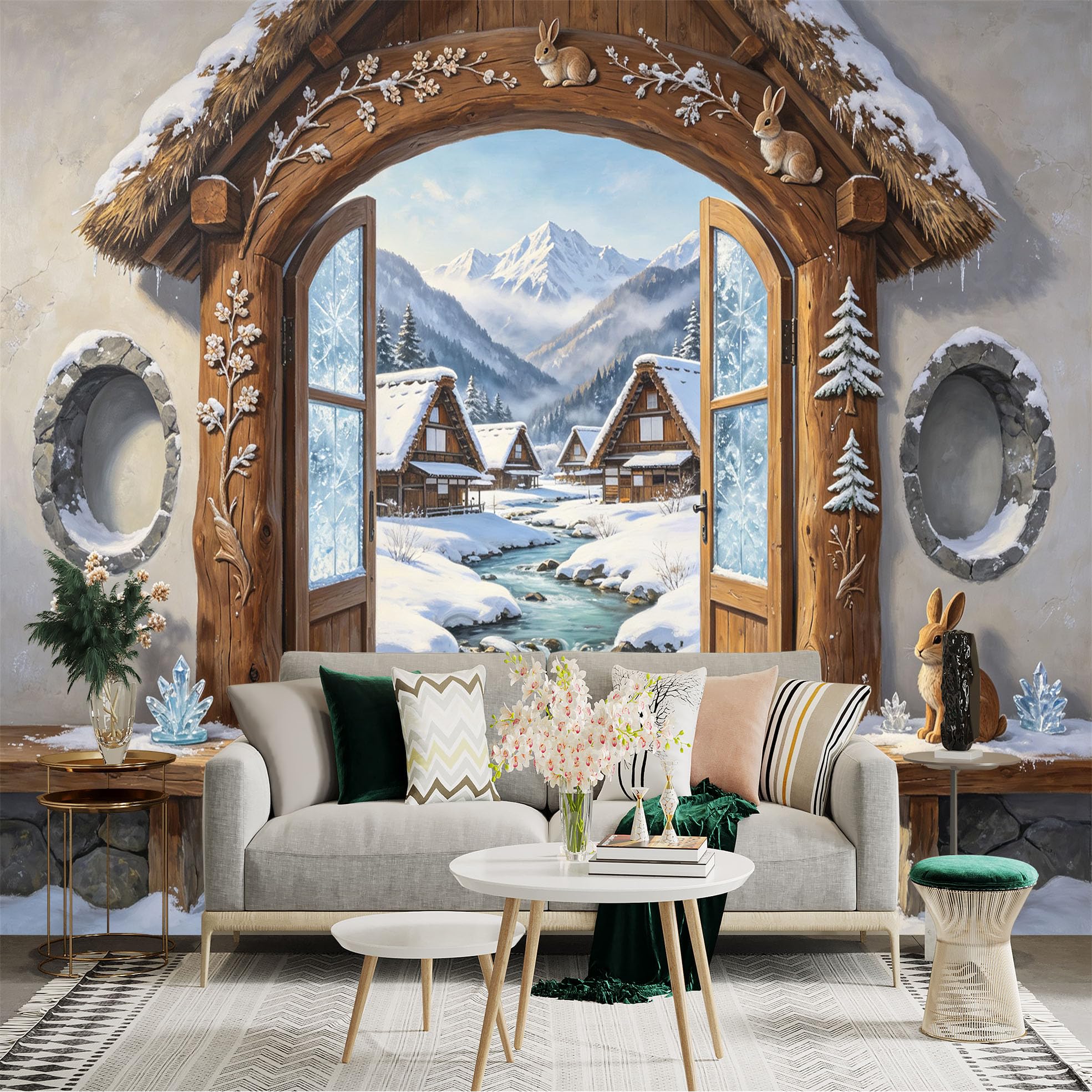 Custom Size Wall Sticker Mural， Rustic Winter Cabin， Snowy Mountain Village， Forest Stream View， for wall Decoration， peelandstick wall Decals.