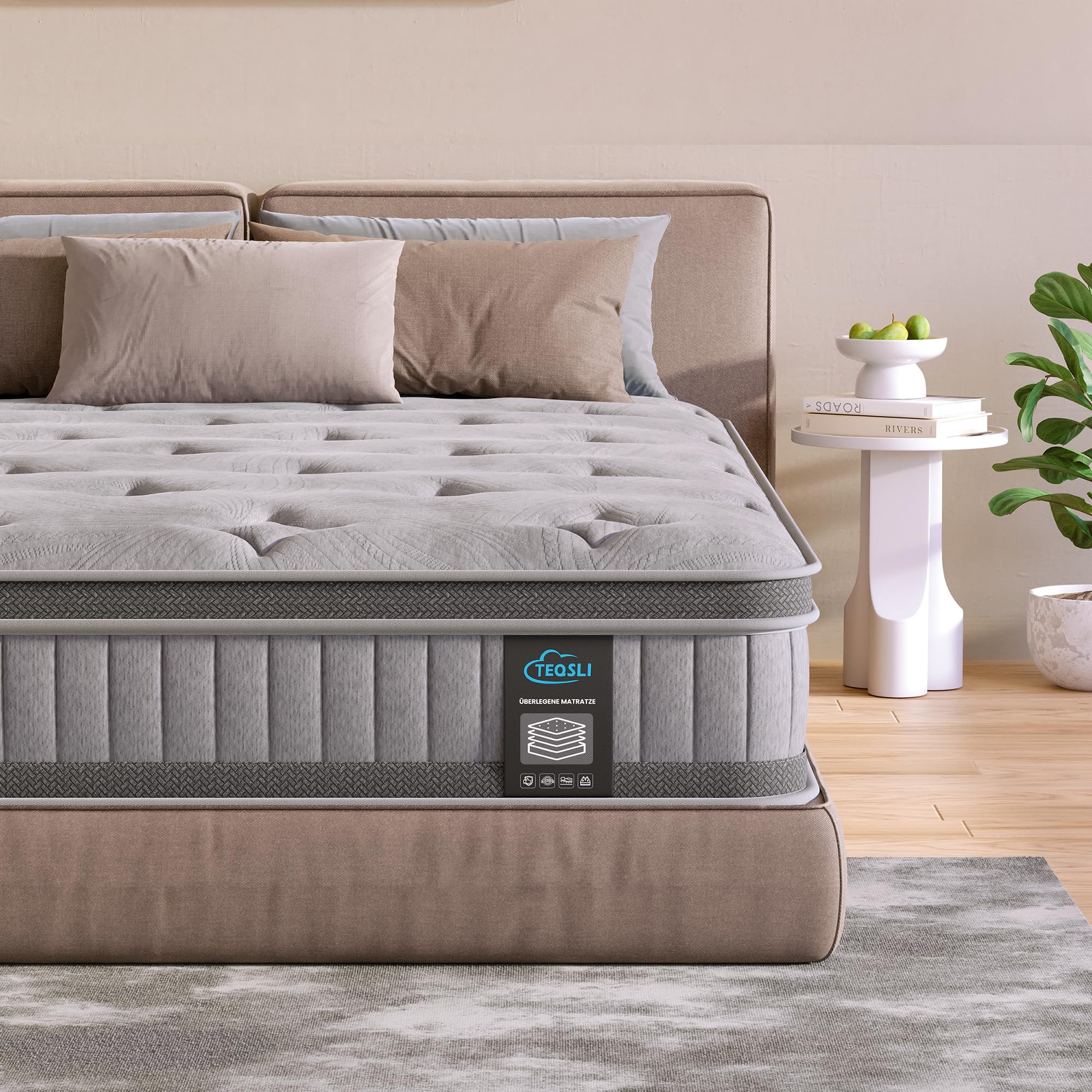 TeQsli Gel Taschenfederkernmatratze 140x200 cm H3 mittelfest 25 cm Höhe, Ergonomische 9-Zonen Matratze mit Gel Memory Schaum für Rückenunterstützung & Druckentlastung, Öko-Tex & CertiPUR Zertifiziert