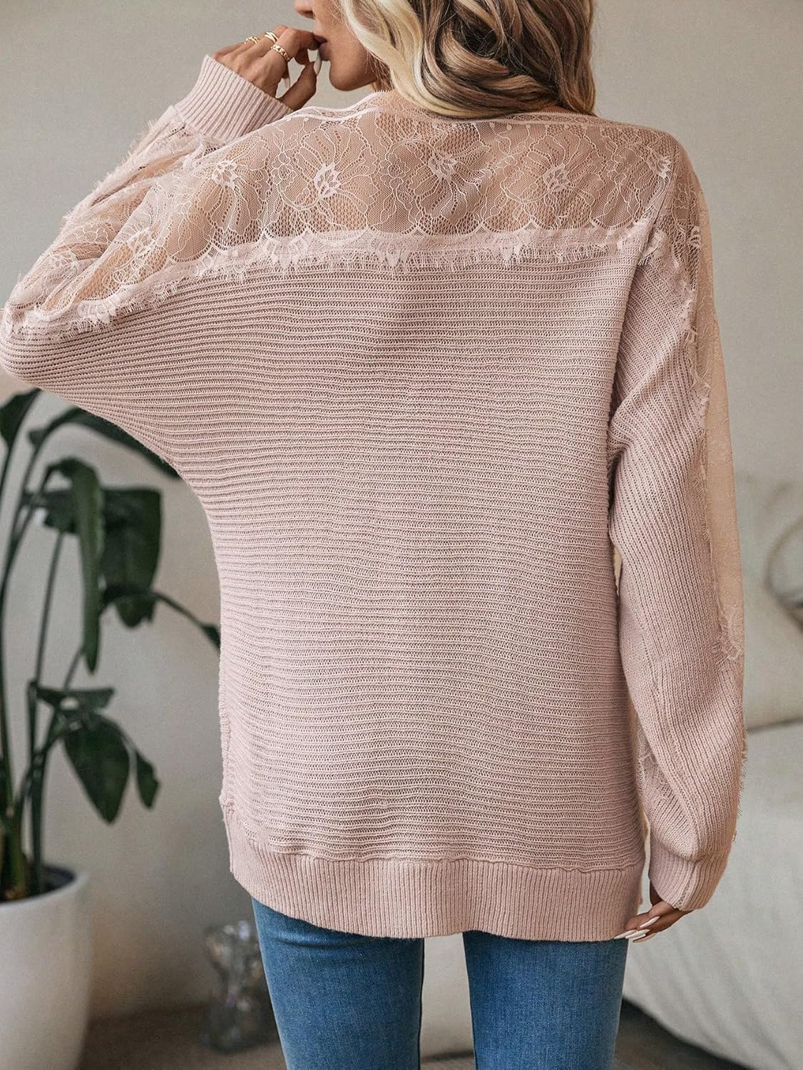 WDIRARA Women's Contrast Lace Boat Neck Mesh Long Sleeve Sweater Ribbed Knit Pullovers - Image 2