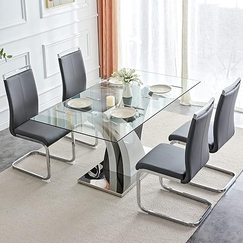 Miniatura 9 de AZmac Juego de mesa de comedor de cristal para 4, juego de mesa de comedor de 63 pulgadas para 4, mesa de cocina moderna y 4 sillas de comedor de