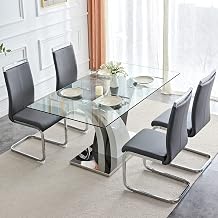 AZmac Glass Dining Table Set for 4, 63" Dining Room Table Set for 4,Modern Kitchen Table and 4 Dark Grey PU Leather Dining Chairs, Rectangle Tempered Glass Top and MDF Base