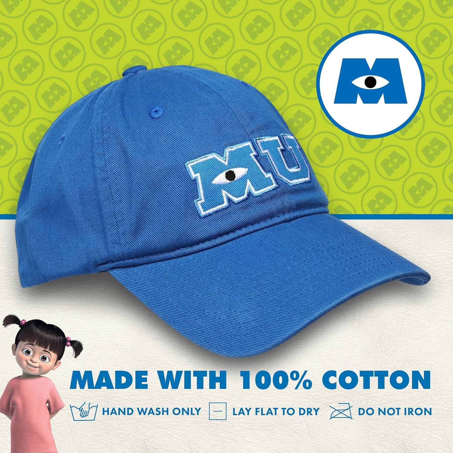 Disney Pixar Monsters Inc Monsters University Adult Baseball Cap, Adjustable Hook and Loop Baseball Hat, Blue