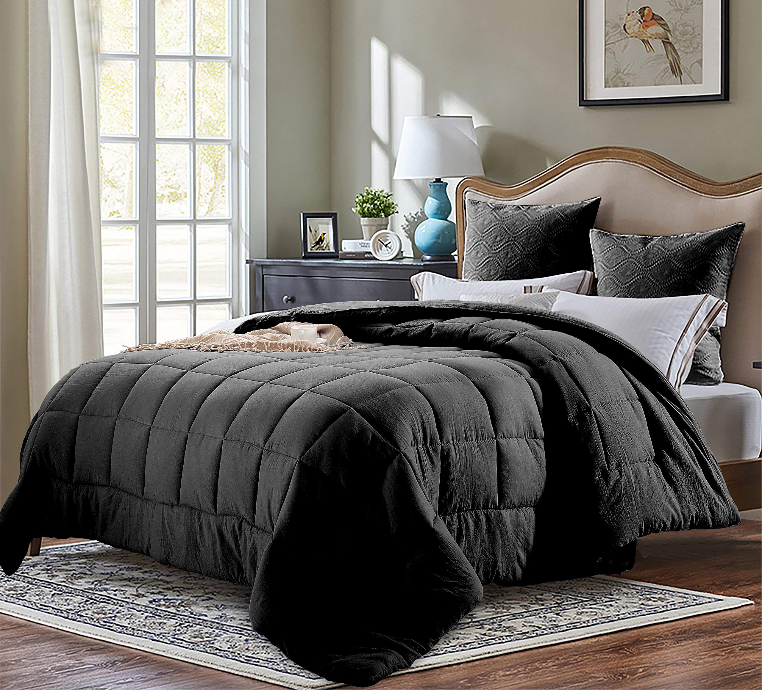 EVOLIVEAll Season Pre Washed Soft Microfiber White Goose Down Alternative Comforter (Black, King)