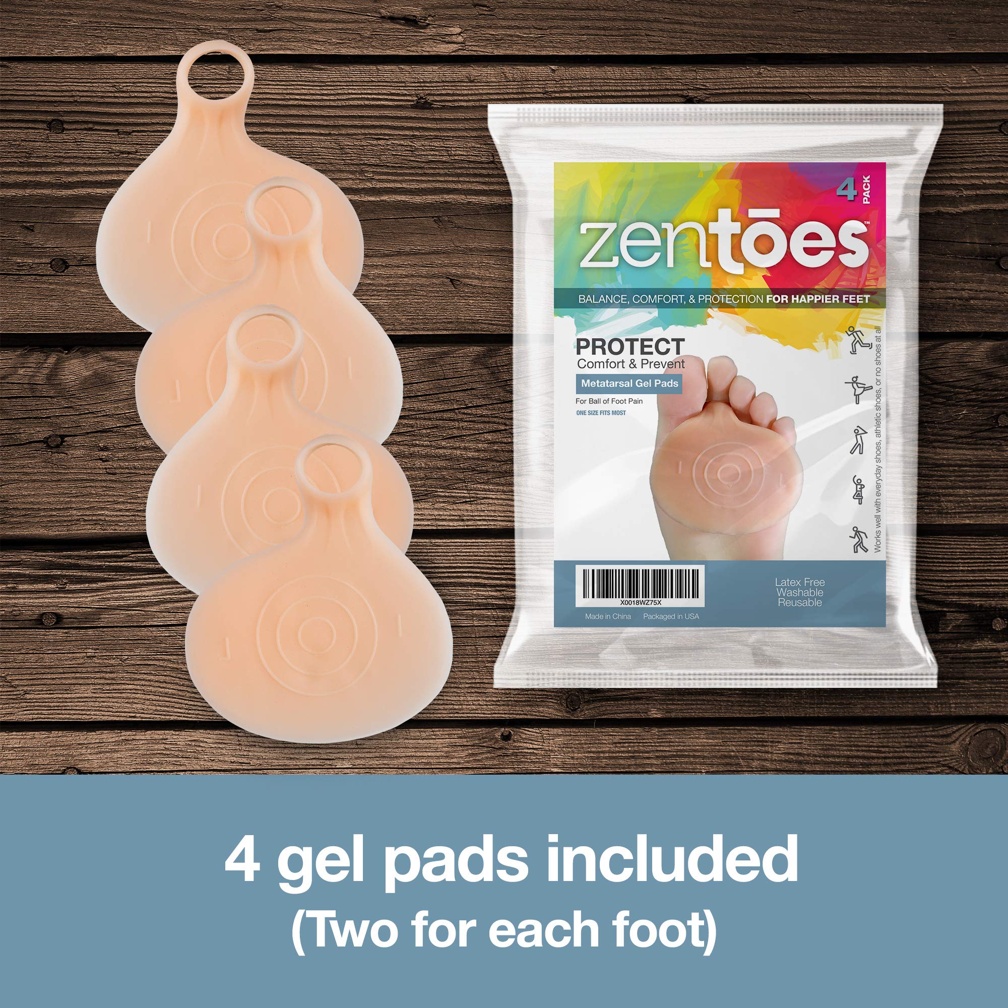 ZenToes 4 Pack Gel Metatarsal Foot Pads Ball of Foot Cushions for Pain
