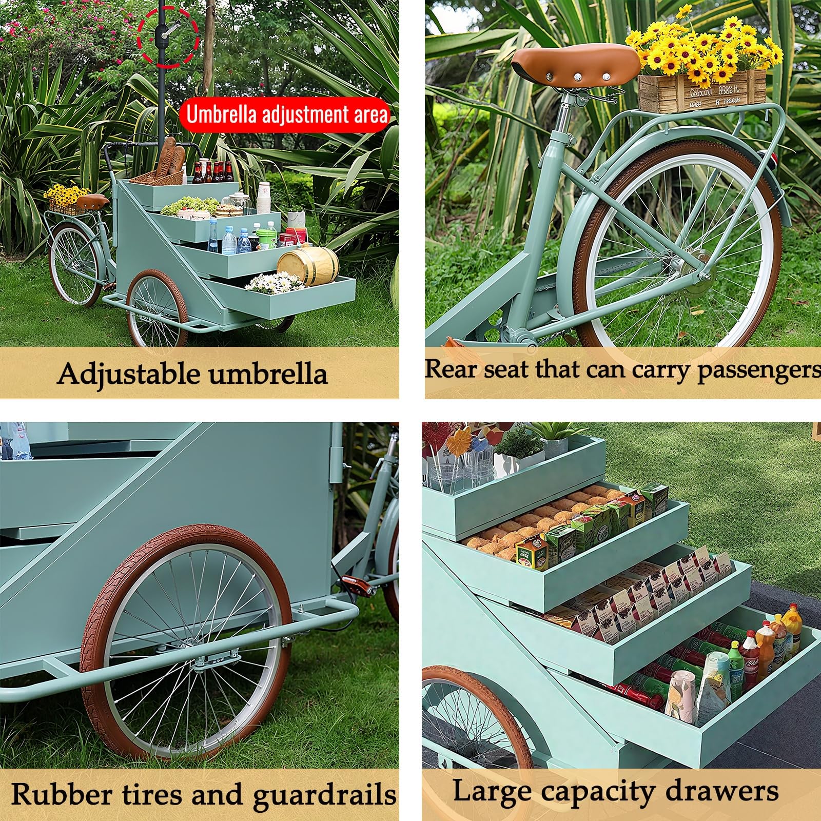 Camión de Comida móvil con Triciclo para Exteriores, Carrito de Venta de Comida al Aire Libre, Triciclo expendedor con cajones retráctiles y sombrillas, para Venta Ambulante y Camping.,C