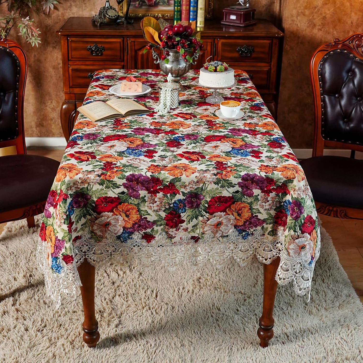 SUTAVIA Lace Rectangle Tablecloth Vintage Burgundy Floral Table Cloths Washable Fabric Tablecover Decoration for Home Holiday Party Dining Table (Champagne Lace, 60"x104")