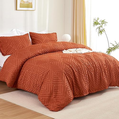 Miniatura 2 de Litanika Juego de edredón tamaño Queen color naranja quemado, juego de edredón bohemio de 3 piezas, juego de ropa de cama rústico copetudo