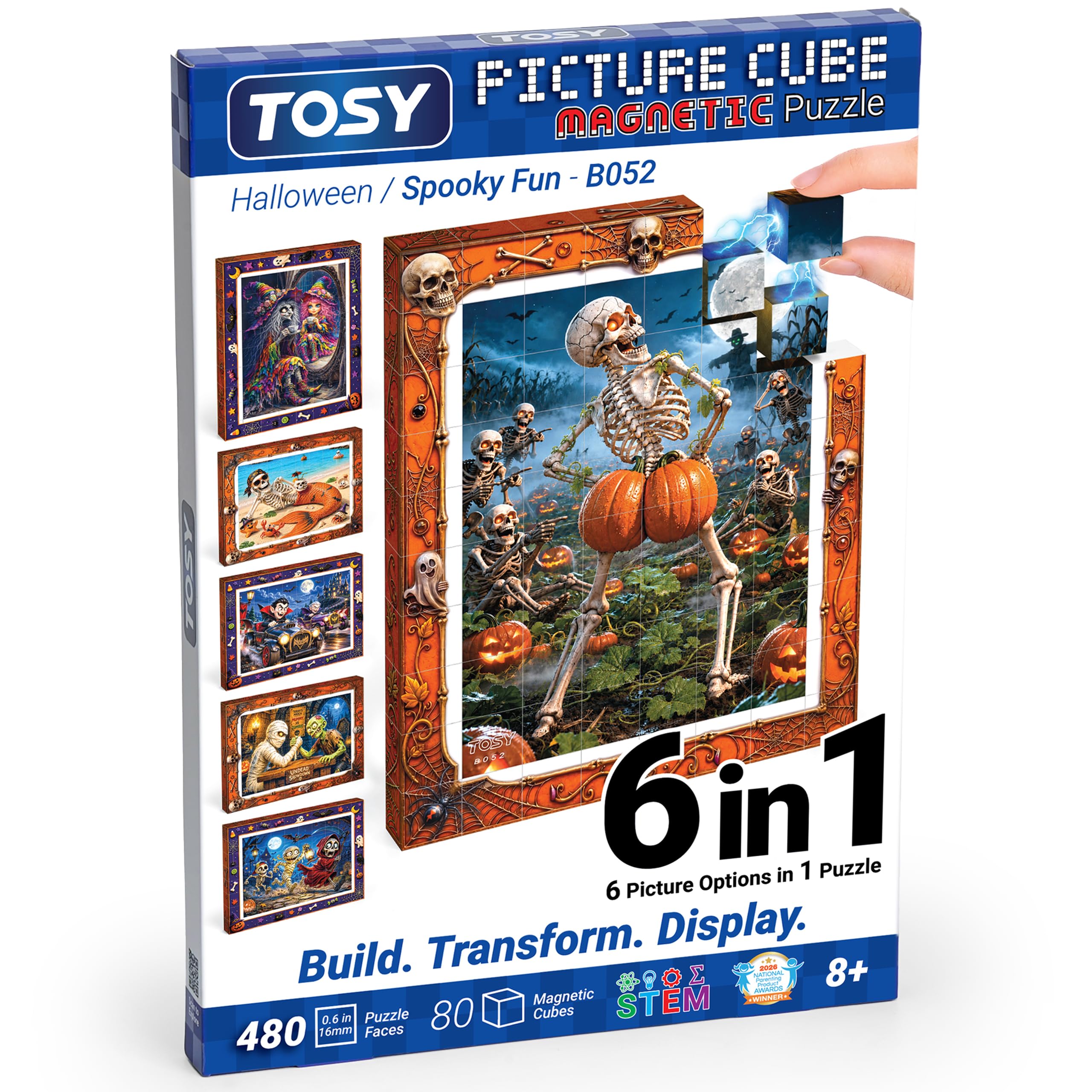 TOSY Picture Cube Halloween Spooky Fun: Puzle magnético 6 en 1, 80 Bloques, 480 Caras, 1,6 cm, B052, Arte UV Continuo, Marco Expositor, Coleccionable, Regalo Stem/Steam para niños y Adultos