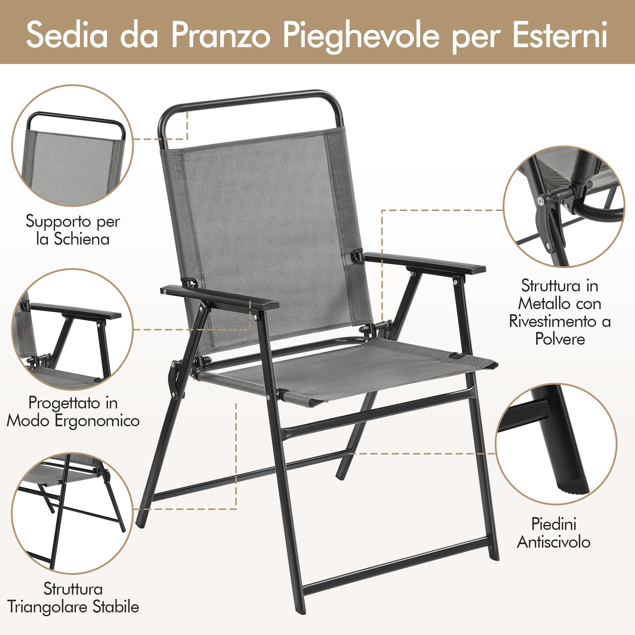 Yaheetech Set 2 Sedia da Giardino Pieghevole da Esterno Campeggio con Braccioli Telaio in Metallo e Seduta in Tessuto da Balcone Portata 100 kg Grigio