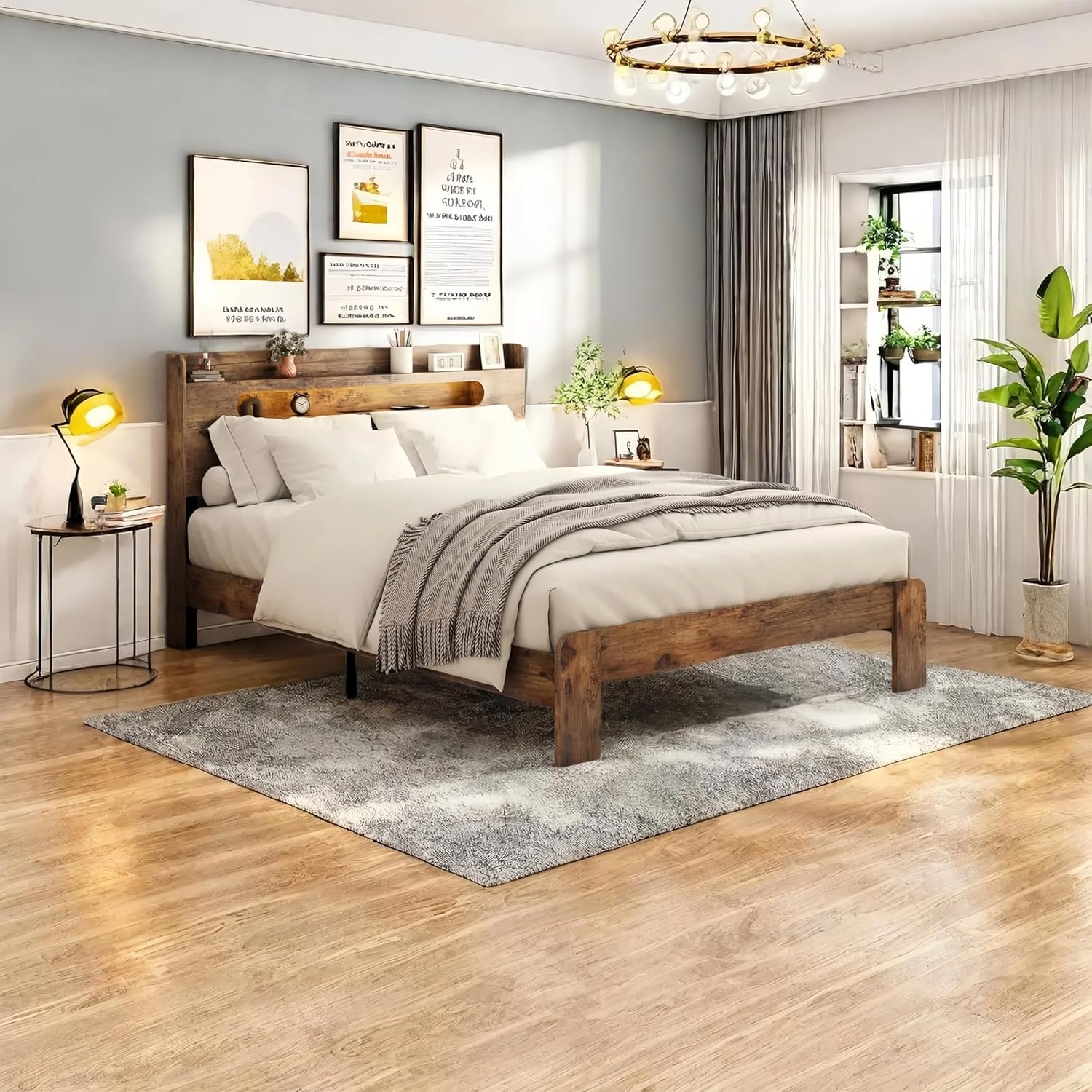 SOFTSEA King Size Bed with Storage Headboard, Wood Platform Bed Frame with LED Light, USB Charging Station, Heavy Duty Wood Slats, No Box Spring Needed, Noise Free, Dark Brown