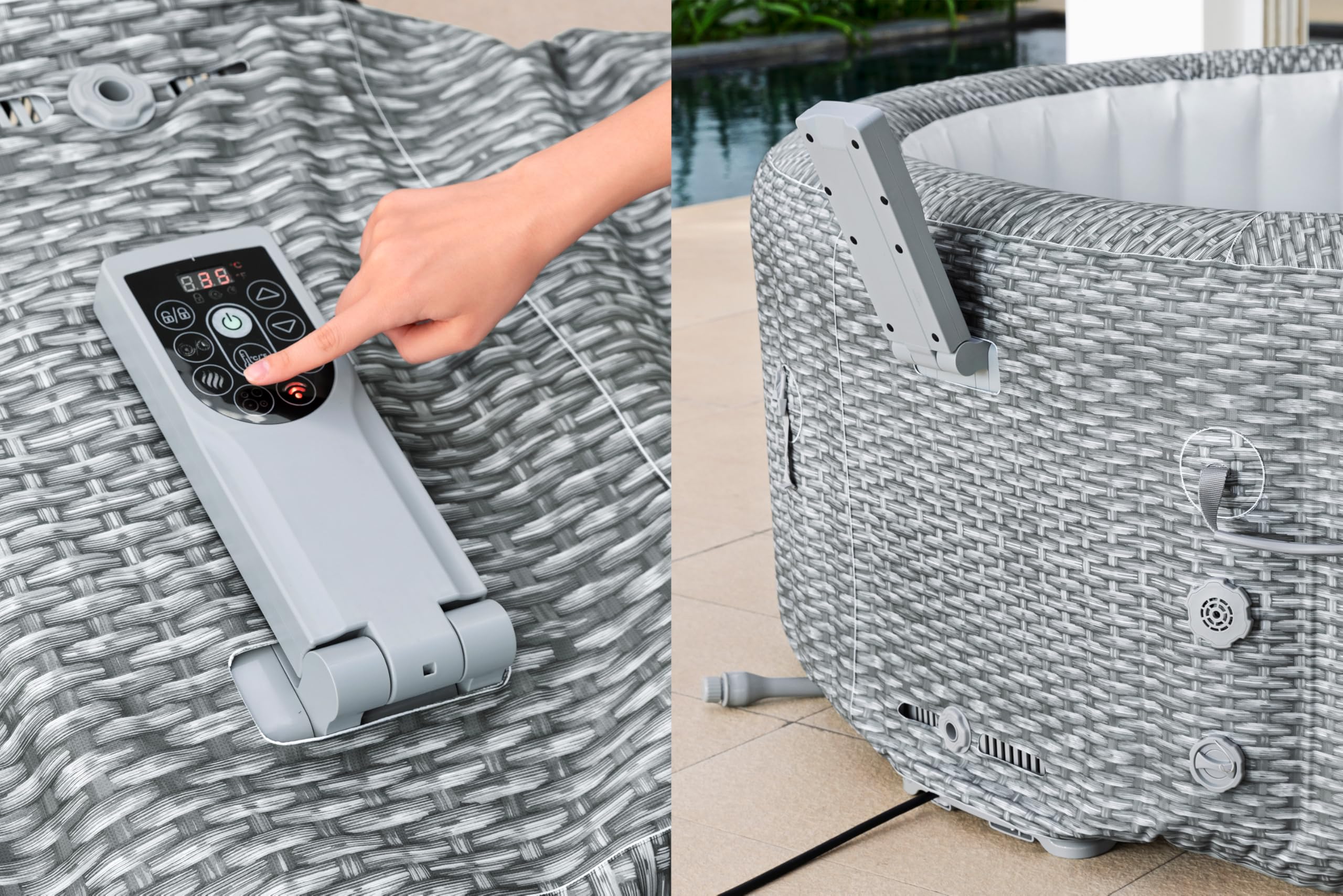 Bestway Lay-Z-SPA Energiespar-Whirlpool Bali AirJet, Ø196x71cm, 6 Personen, Heizung, Frostwächter, 140 AirJet-Düsen, App-Steuerung, UltraFit-Pumpeneinheit, Thermo-Abdeckung, Rattan, GS-Zertifiziert