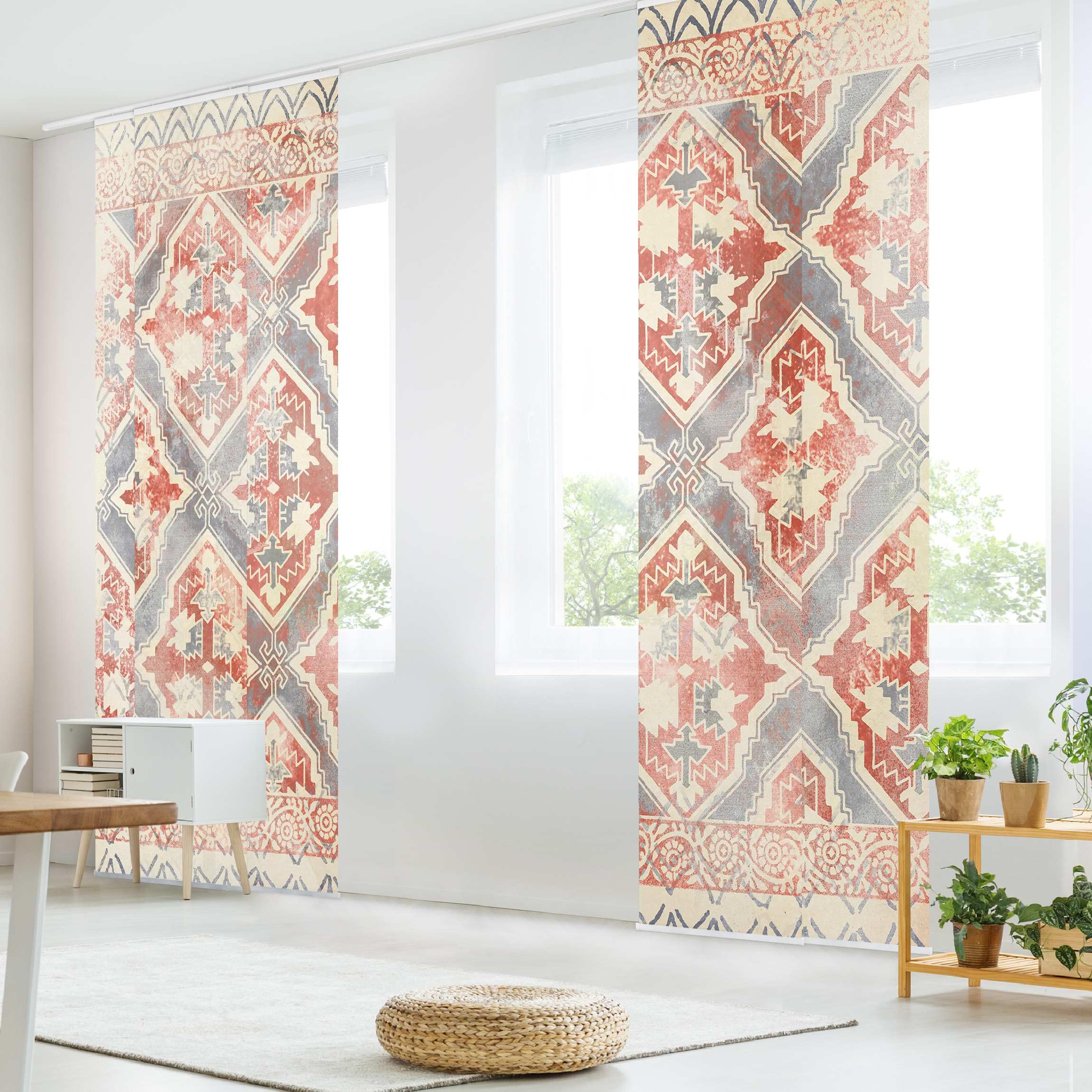 Schiebegardine halbtransparent 60er Paneel Klett Muster Textil lichtdurchlässig - Motiv Vintage Flächenvorhang rot Wohnzimmer Schlafzimmer 2445 (300x250 cm - 5er Set)