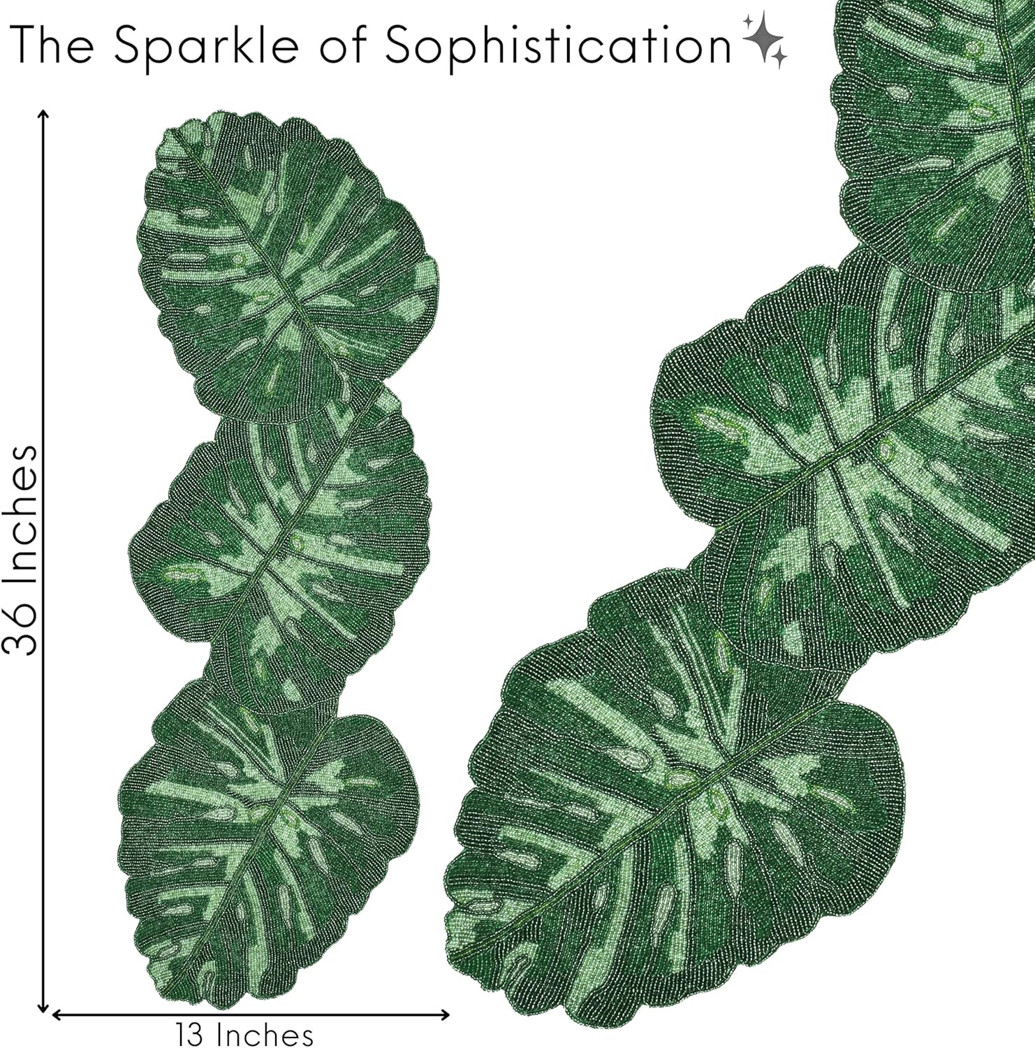 CLEENTABLE Luxury Glass Beaded Table Runner for Dining Table - 36x13 Inches Leaf Design Glitz Table Runner with Polyester Back for Tabletop, Wedding, Thanksgiving, Easter Party Decoration (Green)