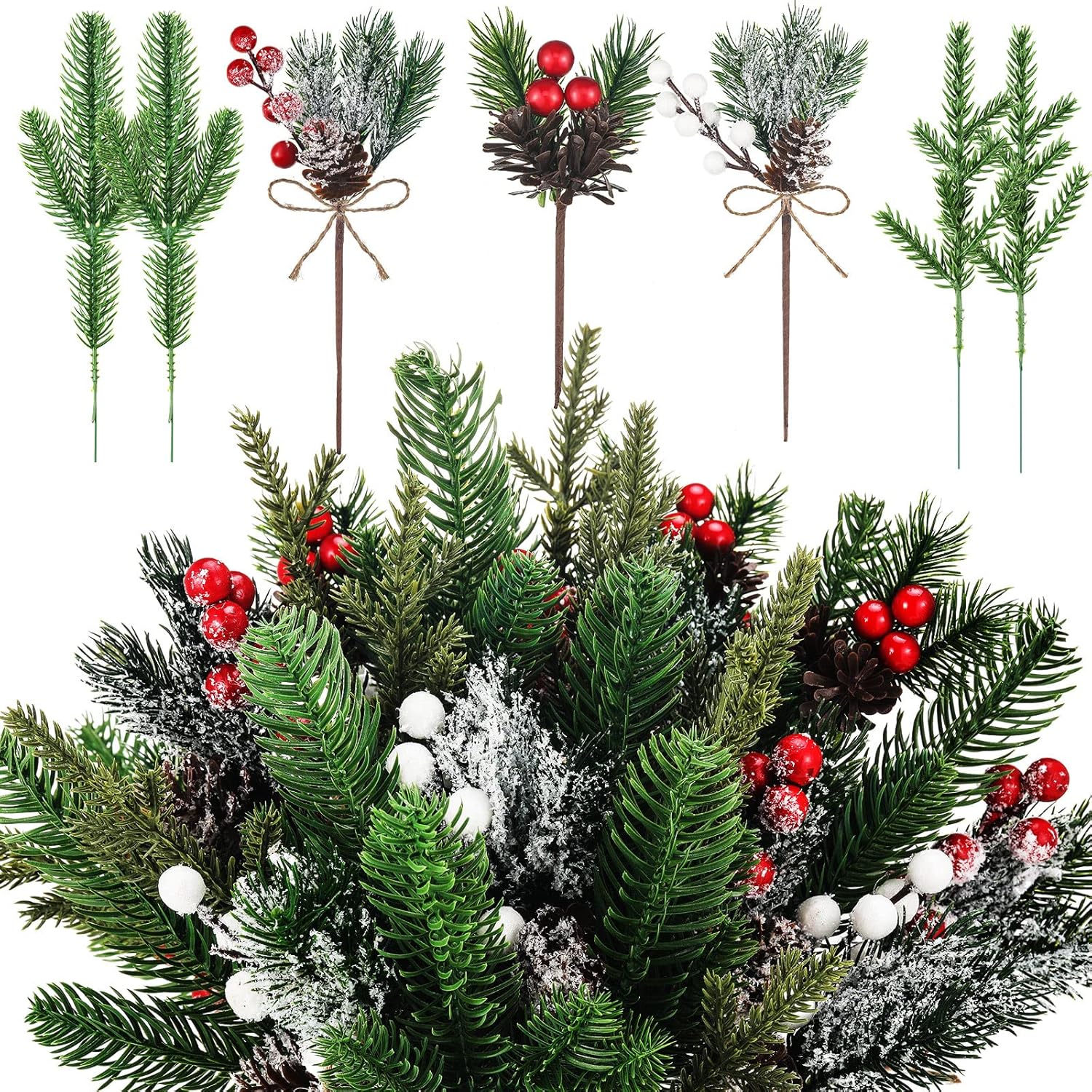 60 Pcs Christmas Artificial Green Pine Needles, Christmas Floral Picks Artificial Holly Red Berry Twig Stem Pine Snowy Cone Branches Garland Bulk for Xmas Tree Craft Holiday Winter (Elegant Style)