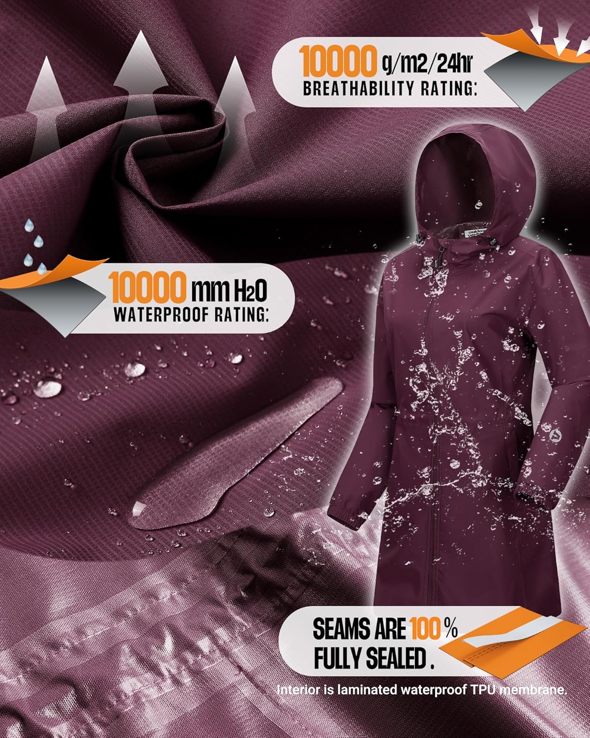 Outdoor Ventures Women's Waterproof Long Rain Coats Packable Lightweight Rain Jacket With Hood Windproof Trench Coats - Image 3