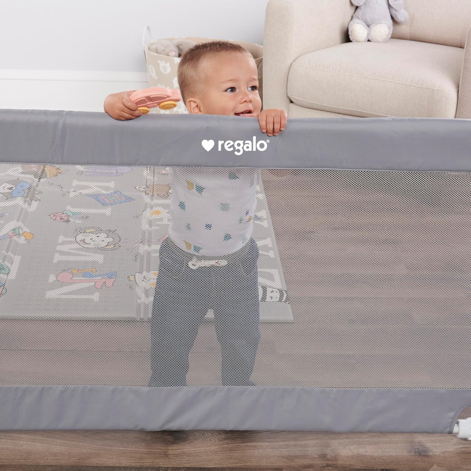 Regalo Safety 27.5-50” Extra Wide Mesh Baby Gate for Doorways & Hallways, Expandable Pressure Mounted Baby Gate for Toddlers & Pets, Includes Rubber Bumpers, Gray