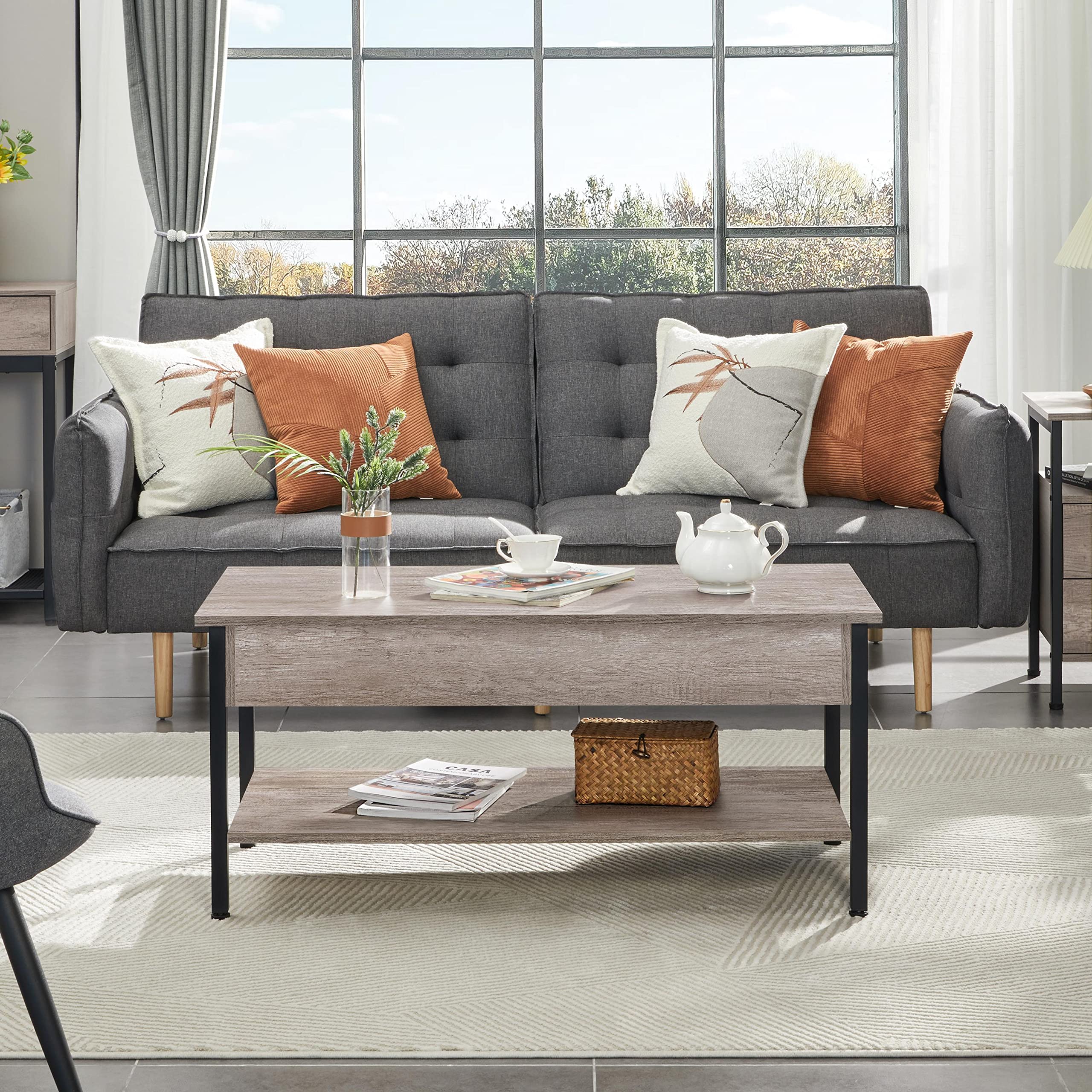 Yaheetech Mesa de Centro Elevable con Mecanismo 104,5x49,5X(47-62) cm | Hidráulico Diseño Industrial de Doble Nivel Mesa Baja de Industrial para Sofa Salon Gris