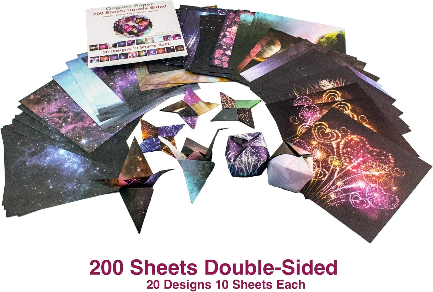 Premium Origami Paper 6x6 inch Double Sided 200 Sheets, 20 Vibrant Designs of Beautiful Galaxy Outer Space and Fireworks Themes, Easy Folding for Paper Arts Crafts, Kids & Grown-ups, School Teachers