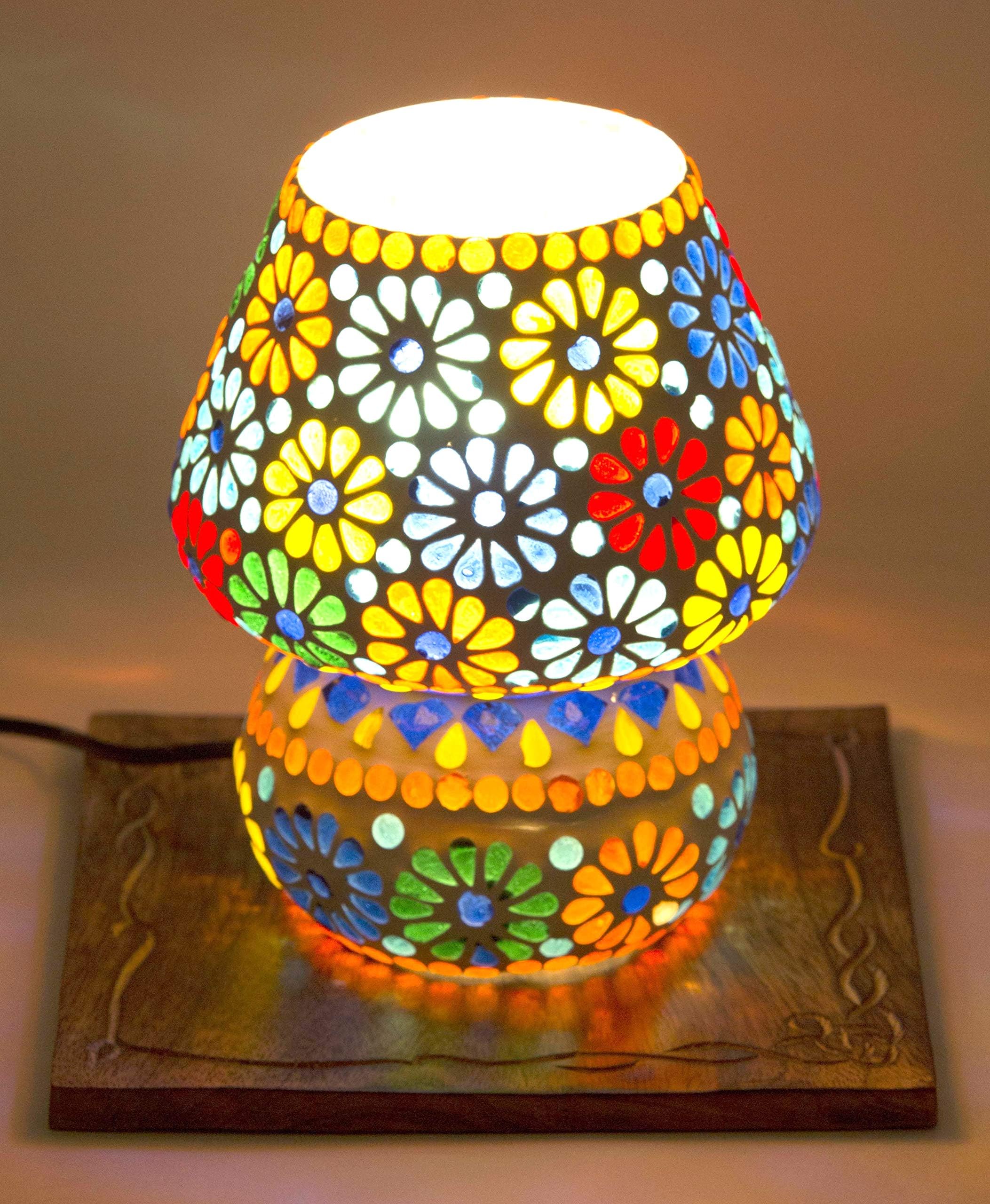 Derien White Multicolor Glass Flower Decorated Mosaic Table Lamp(16 x 18 cm)