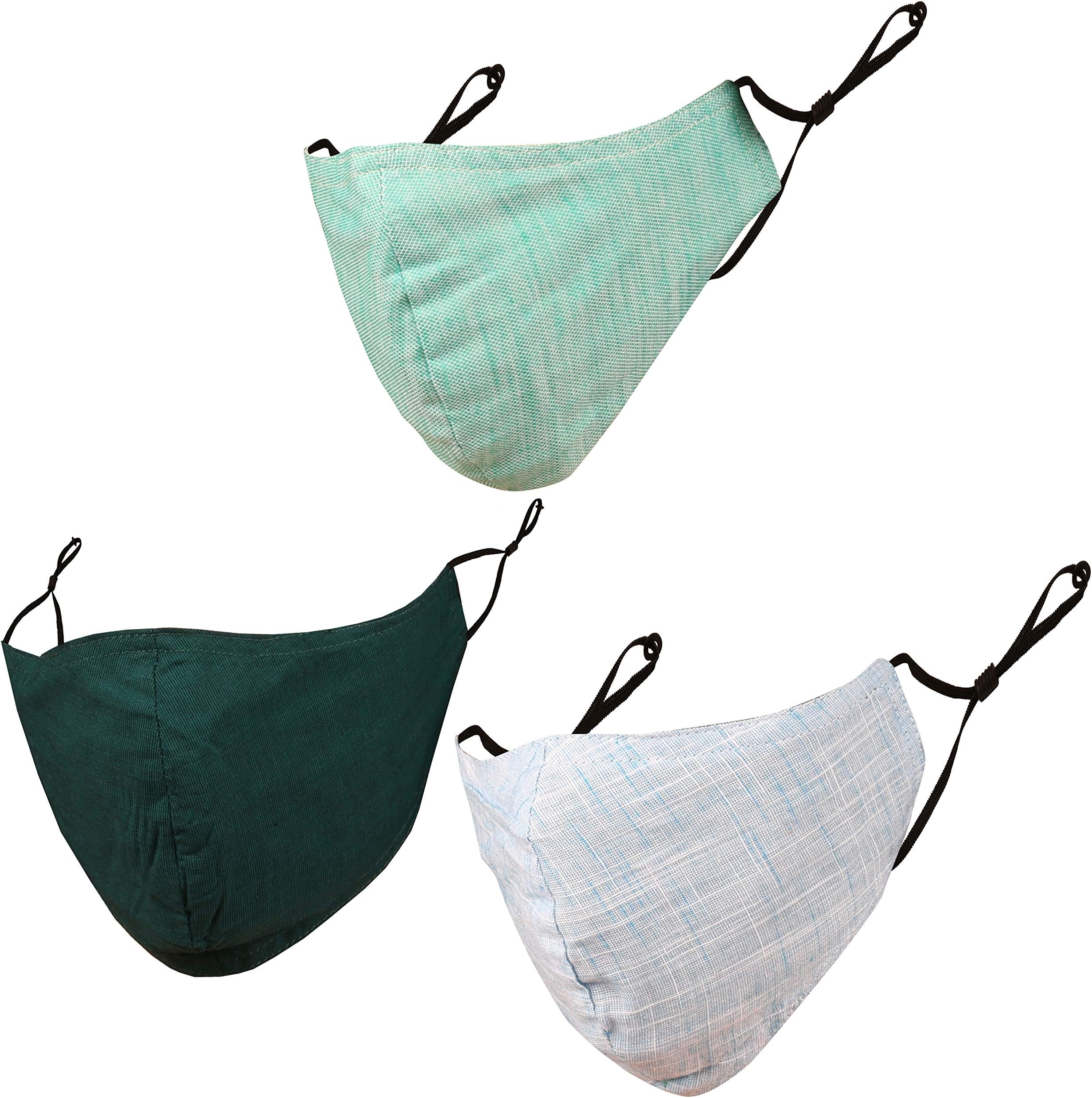 TouchstoneDenim look Adjustable filter pocket double layer cotton face mask reusable washable for men, women (Pack of 3). Grey Green Blue