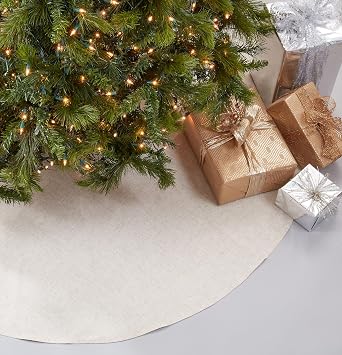 SARO LIFESTYLE Linen Christmas Tree Skirt Toscana Collection Natural Solid Edge Classic Holiday Farmhouse Decor, 72", Natural