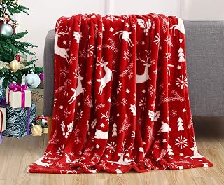 Elegant Comfort Burgundy Reindeer Christmas Fleece Throw Blanket - Super Soft Velvet Micro-Fleece, 50x60 Inch Warm Cozy Holiday Decor for Bed Couch Gift