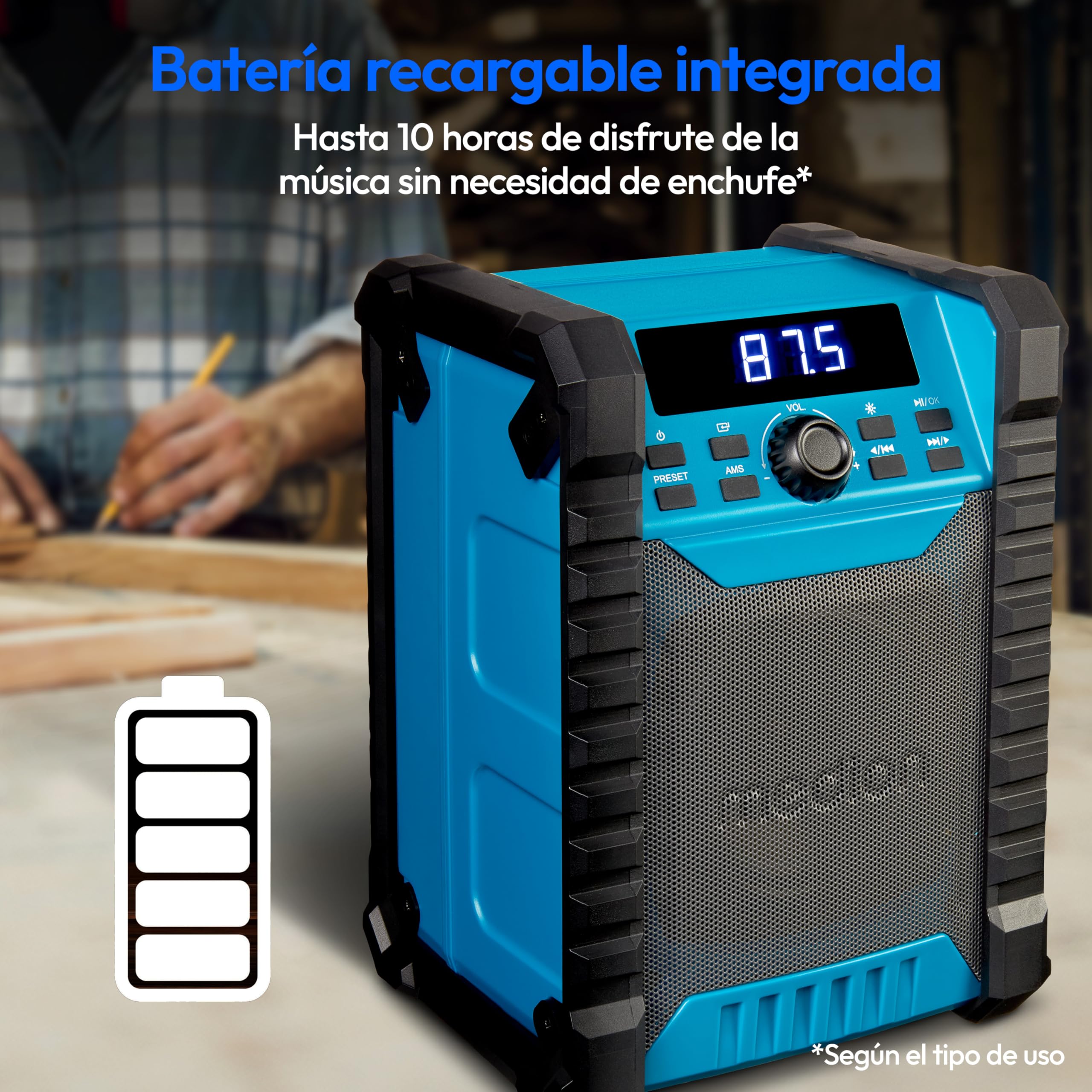 MEDION E65895 Radio de Obra con batería Recargable (Carcasa Robusta, asa de Transporte, Bluetooth, Resistente a Salpicaduras (IP54), Radio FM, AUX) Verde