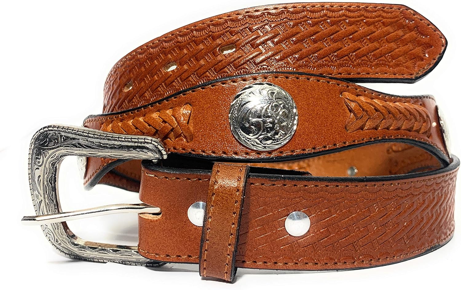 EL CHARRO Mens Concho Western Leather Bealt Braided Cowboy Rodeo Belt (34, Pumpkin)